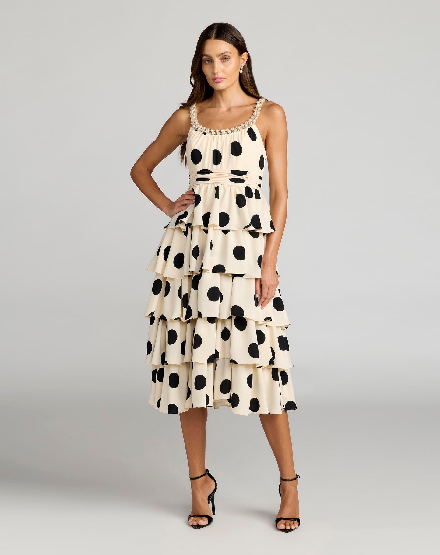 Beige Polka Dot Pearl Trim Ruffle Midi Dress Ieena for Mac Duggal