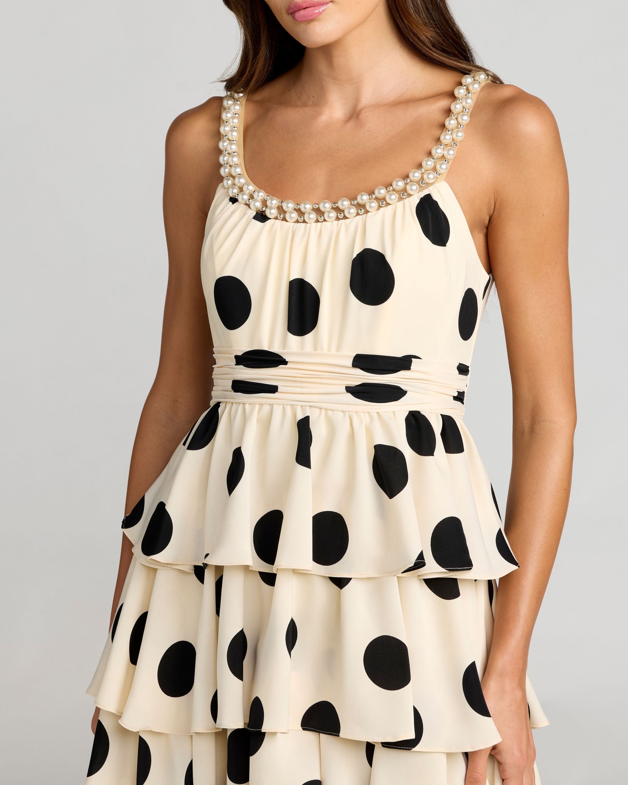 Beige Polka Dot Pearl Trim Ruffle Midi Dress Ieena for Mac Duggal