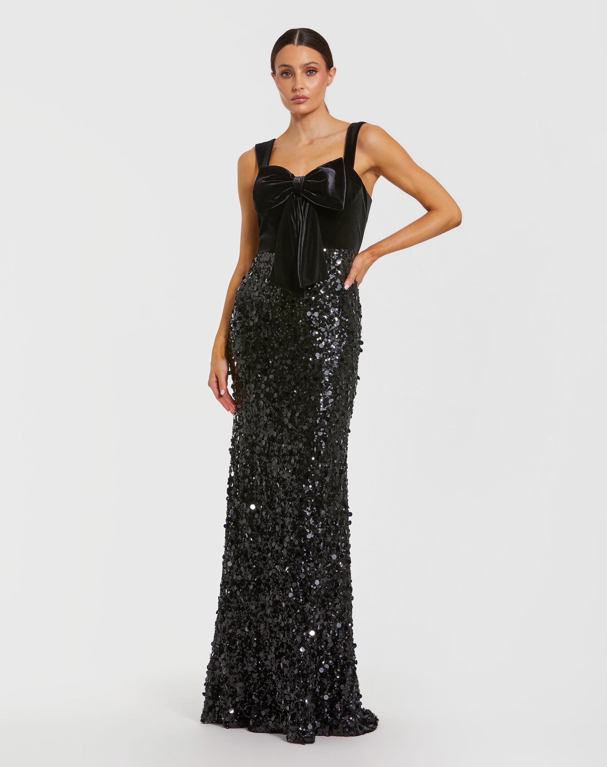 Black Sleeveless Sequin Column Gown With Velvet Bow - Ieena for Mac Duggal
