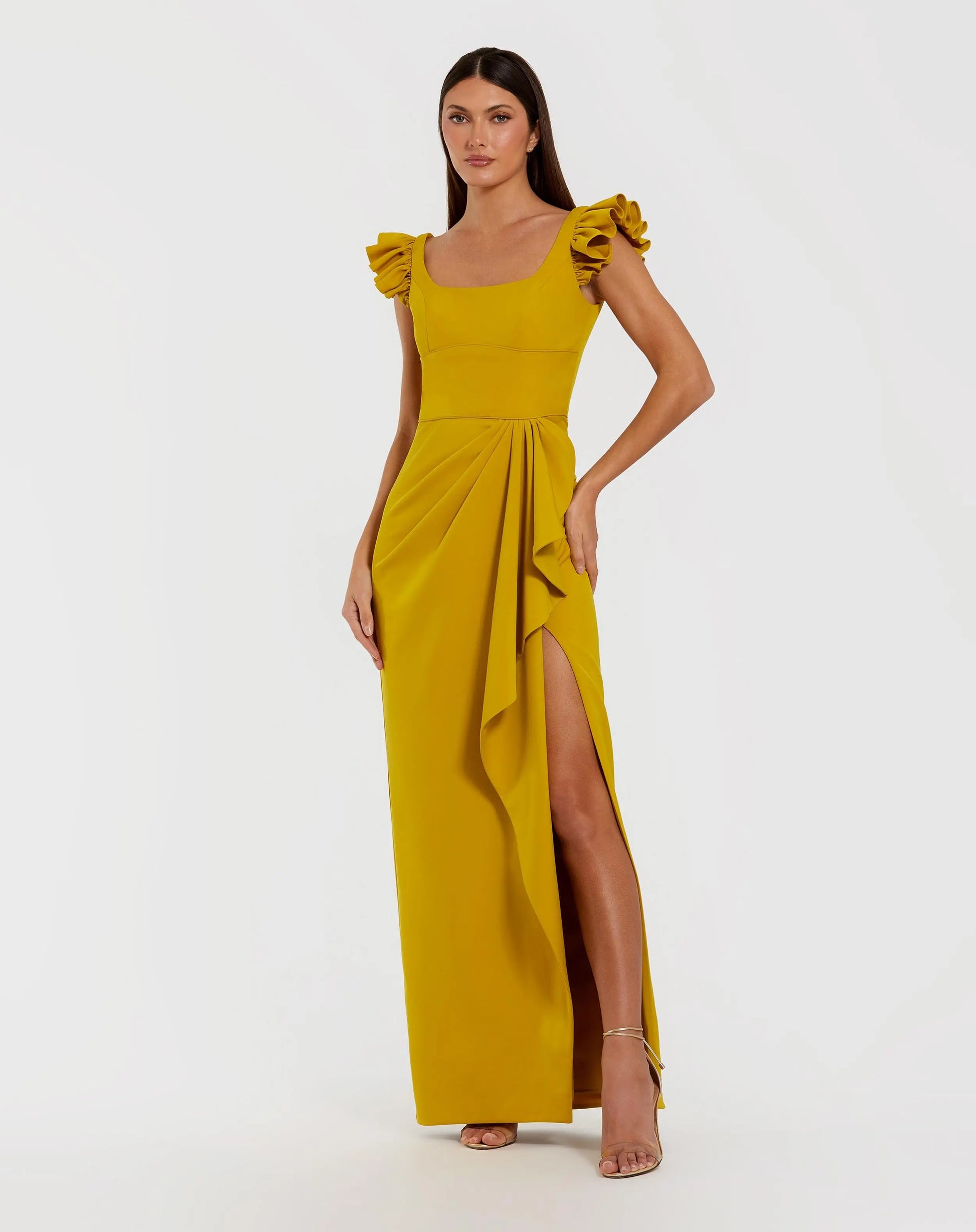 Yellow Square Neck Column Gown With Ruffle Detail - Ieena for Mac Duggal