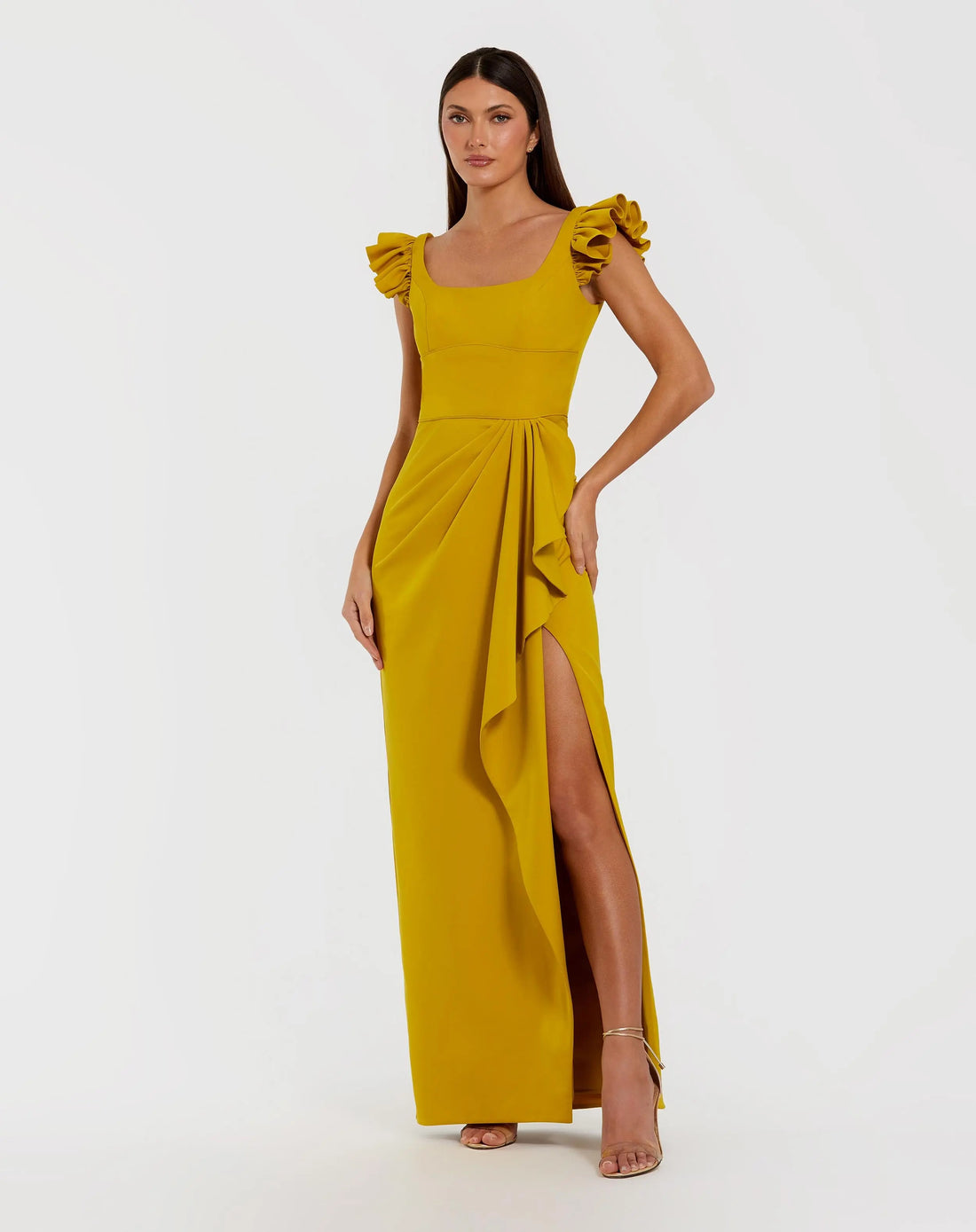 Yellow Square Neck Column Gown With Ruffle Detail - Ieena for Mac Duggal