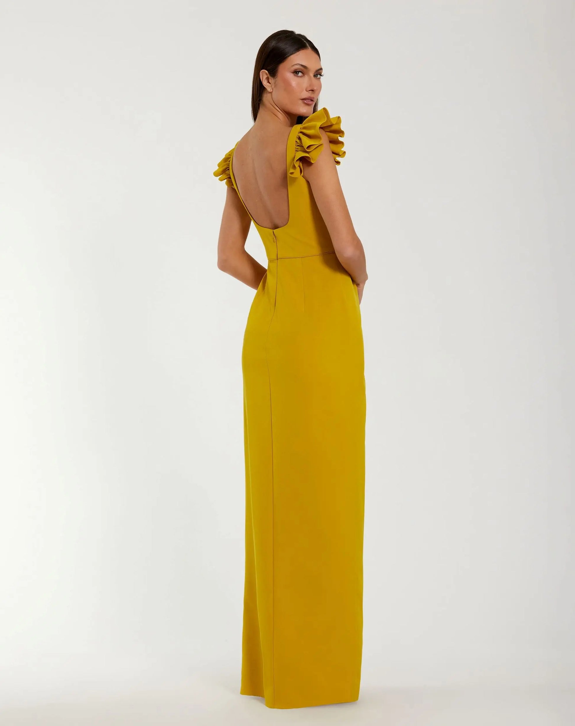 Yellow Square Neck Column Gown With Ruffle Detail | Mac Duggal Yellow Square Neck Column Gown With Ruffle Detail | Mac Duggal