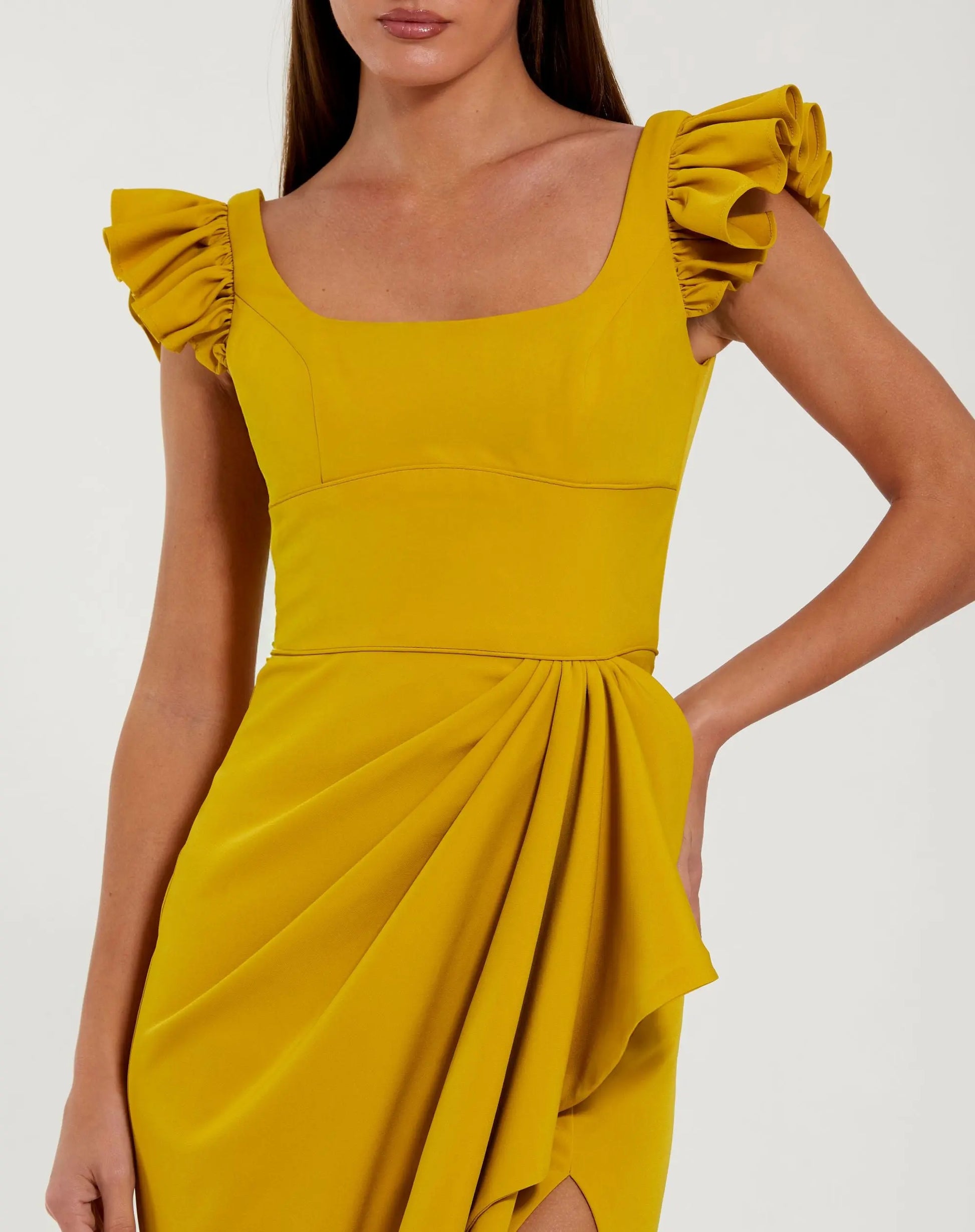 Yellow Square Neck Column Gown With Ruffle Detail - Ieena for Mac Duggal