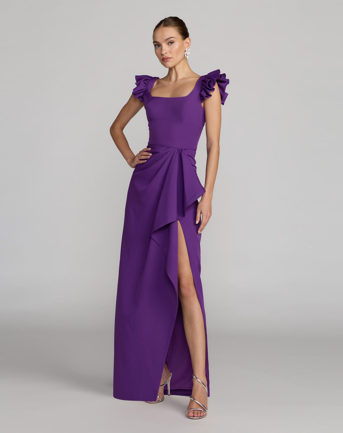 Purple Square Neck Ruffle Slit Gown Ieena for Mac Duggal