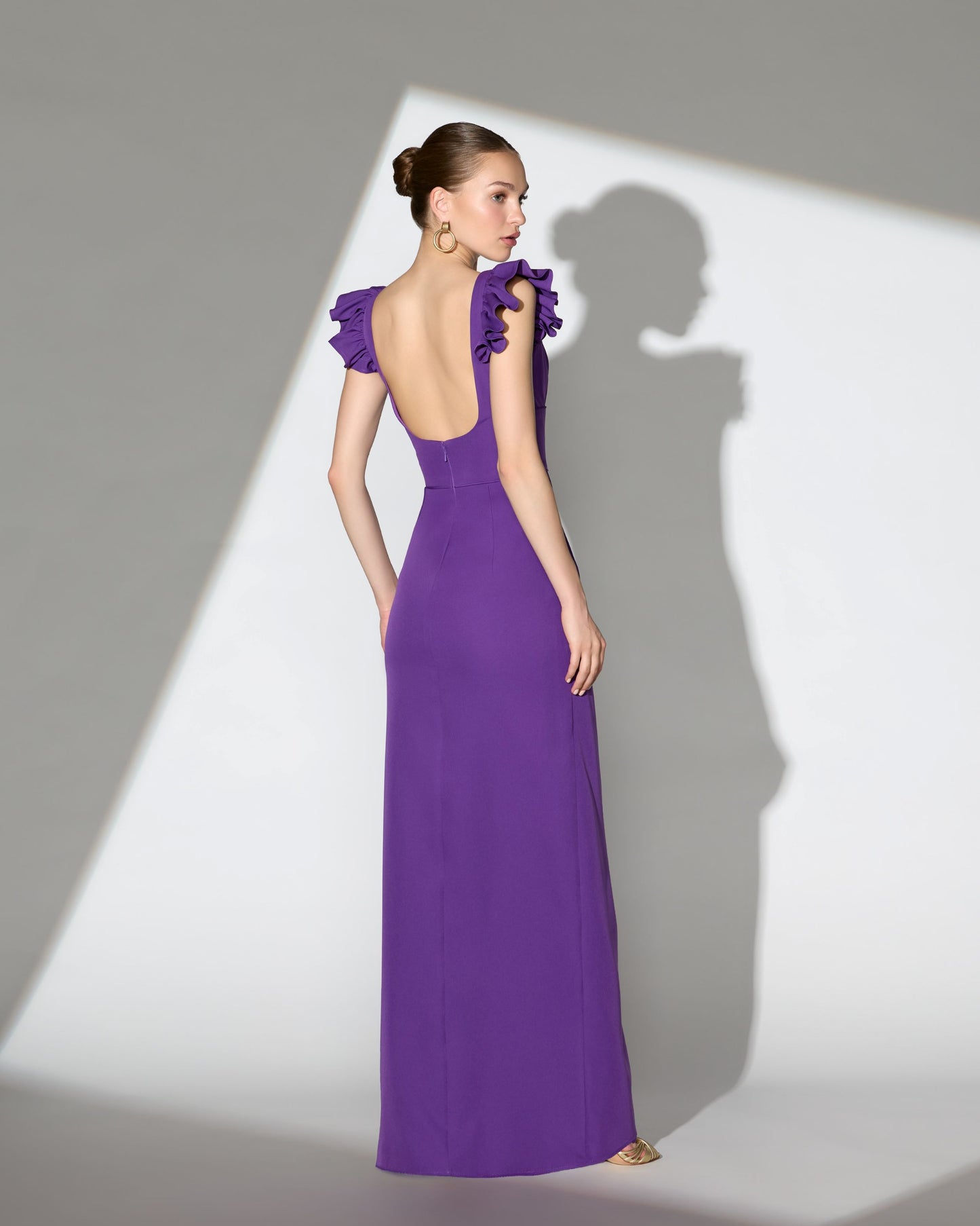 Purple Square Neck Ruffle Slit Gown Ieena for Mac Duggal