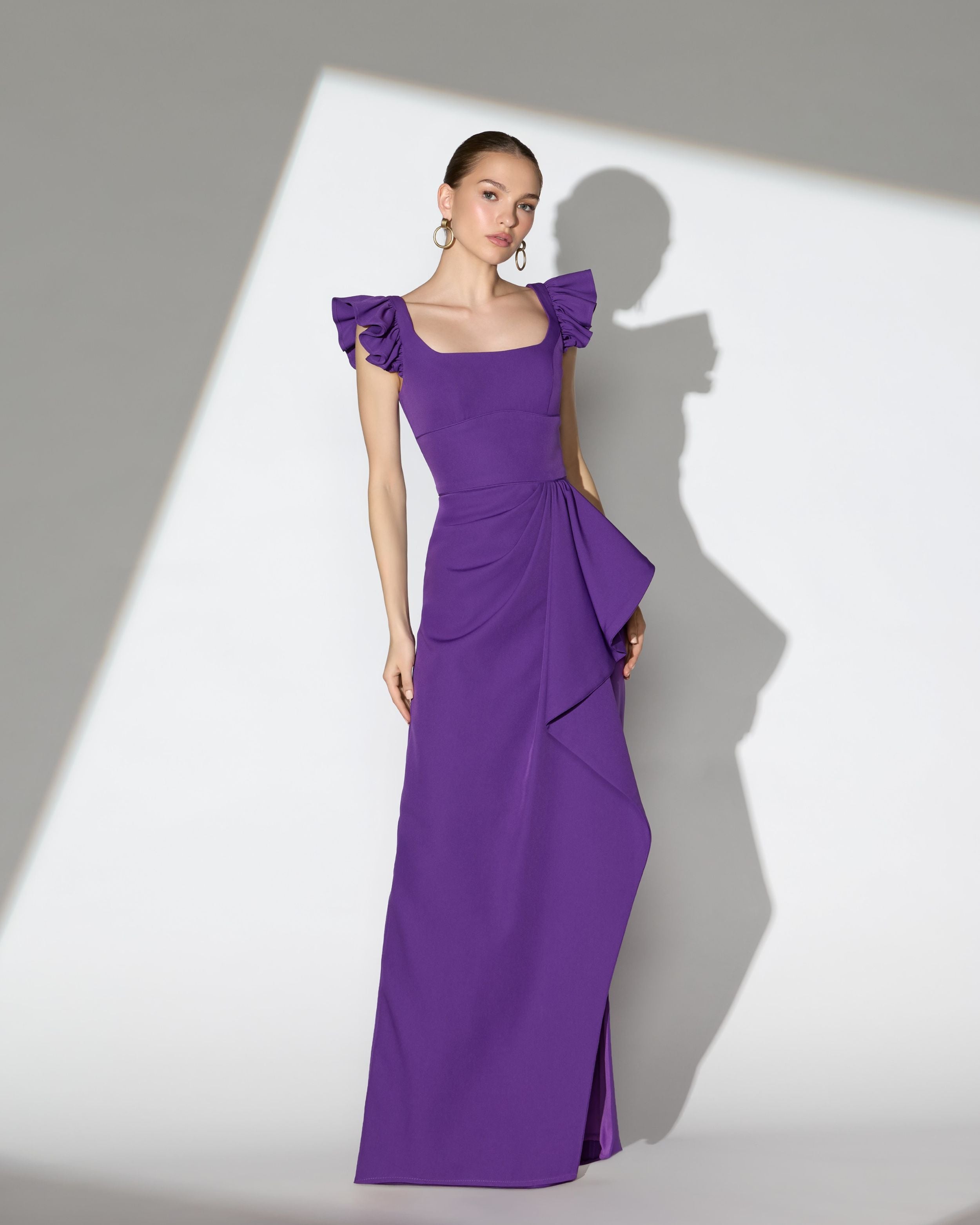 Purple Square Neck Ruffle Slit Gown Ieena for Mac Duggal