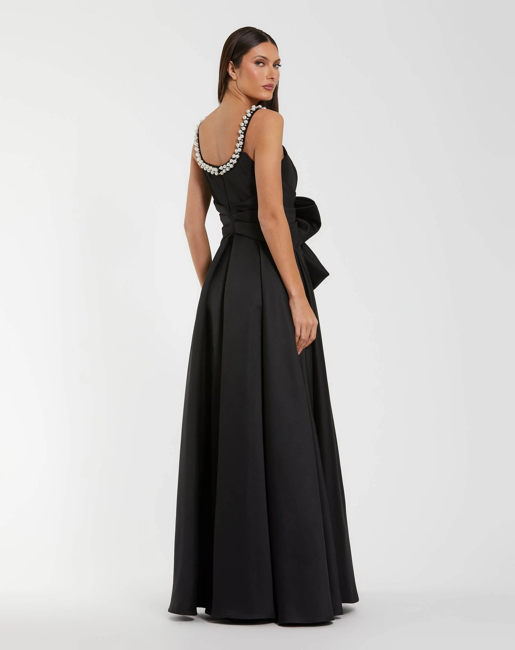 Black Satin Gown With Pearl Neckline and Bow Detail | Mac Duggal Black Satin Gown With Pearl Neckline and Bow Detail | Mac Duggal