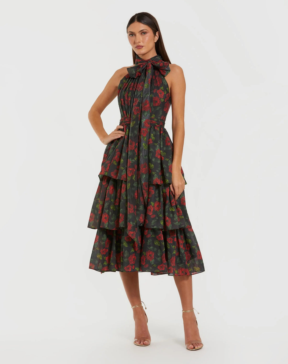 Black Floral Chiffon Tiered Midi Dress with Neck Bow | Mac Duggal Black Floral Chiffon Tiered Midi Dress with Neck Bow | Mac Duggal