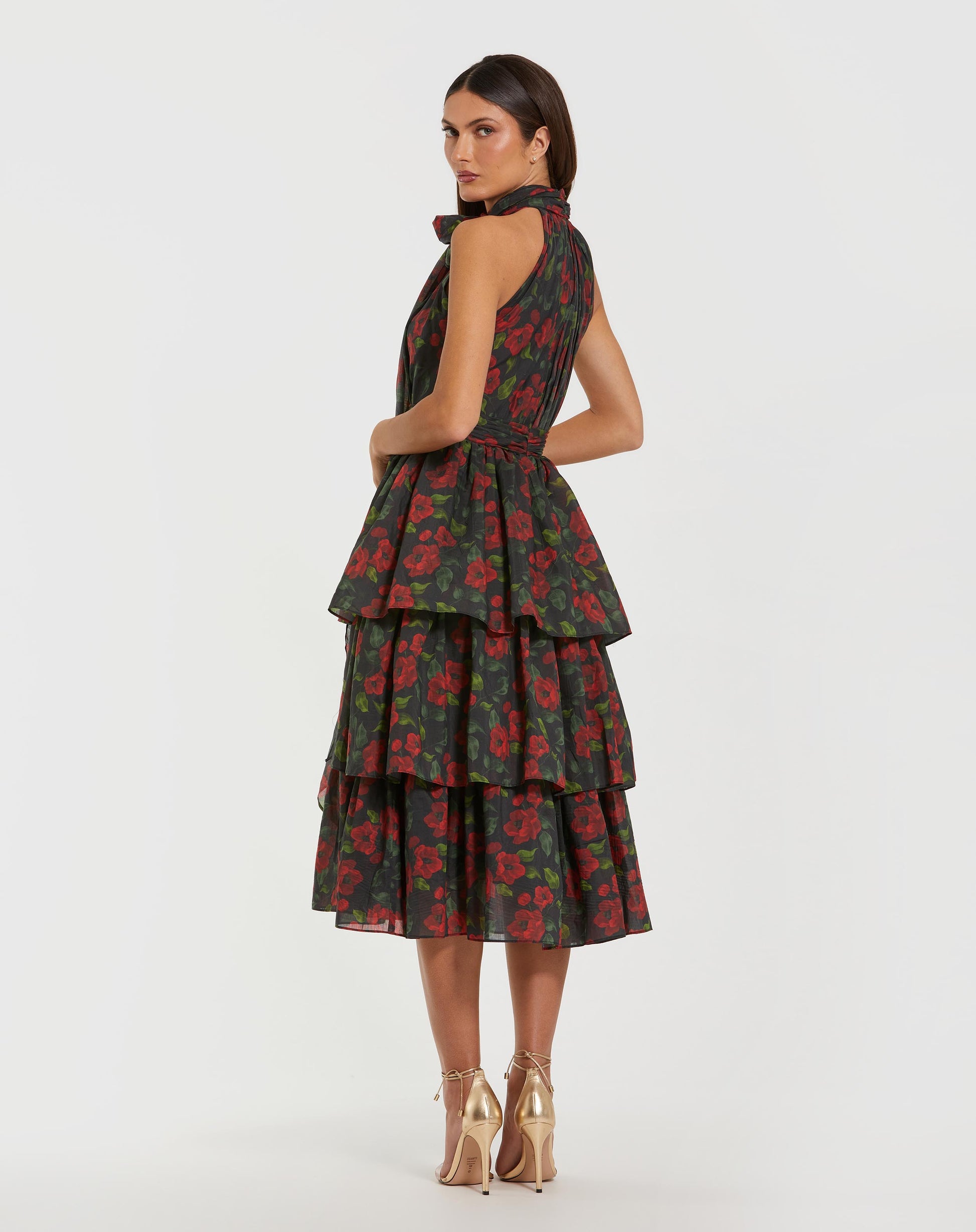 Black Floral Chiffon Tiered Midi Dress with Neck Bow - Ieena for Mac Duggal