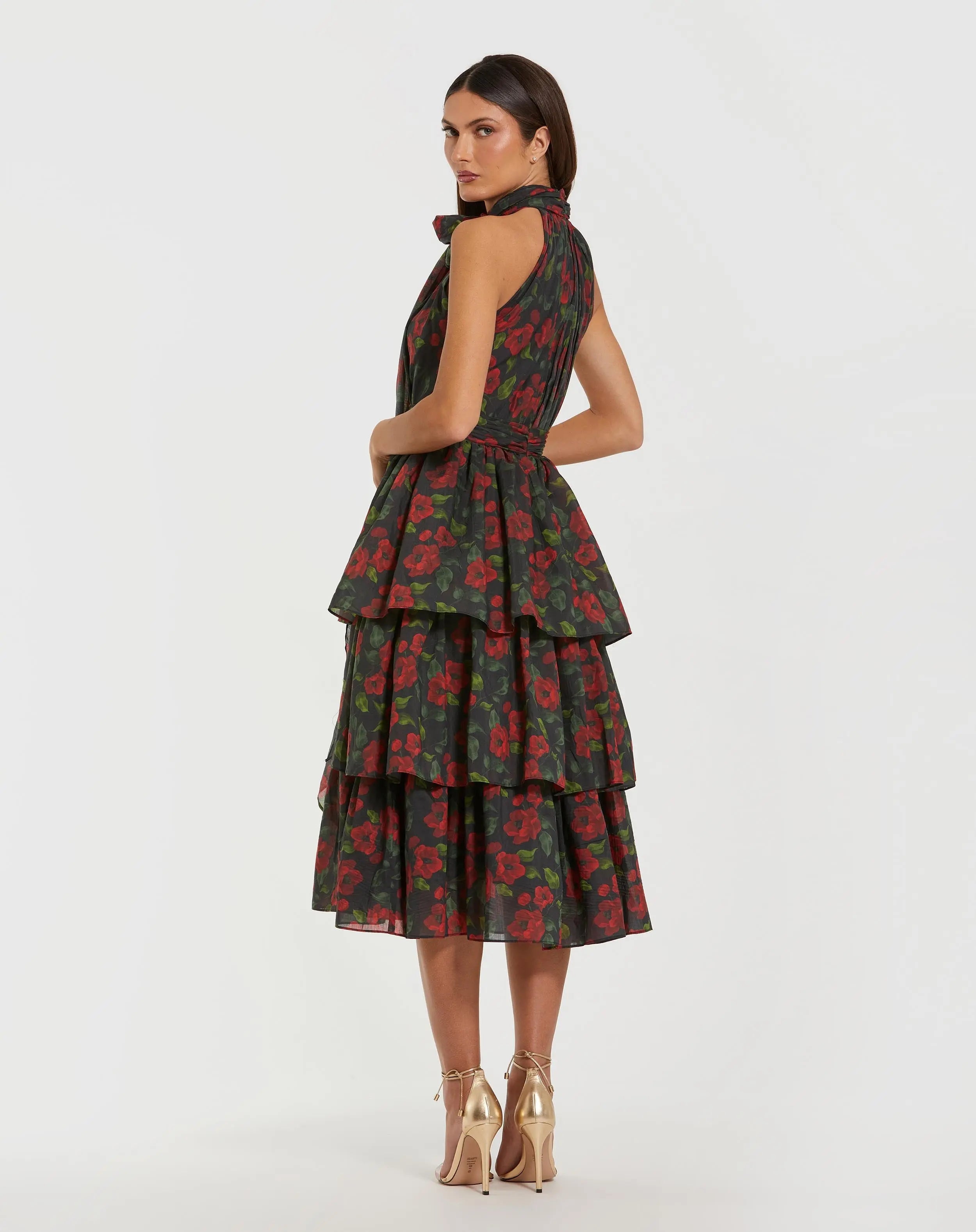 Black Floral Chiffon Tiered Midi Dress with Neck Bow - Ieena for Mac Duggal