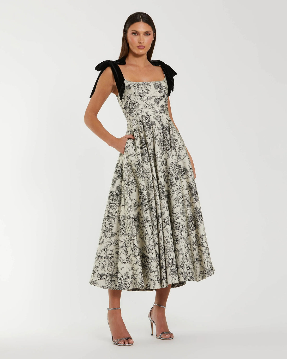 Black Ivory Brocade A Line Midi Dress With Bow Straps Ieena for Mac Duggal