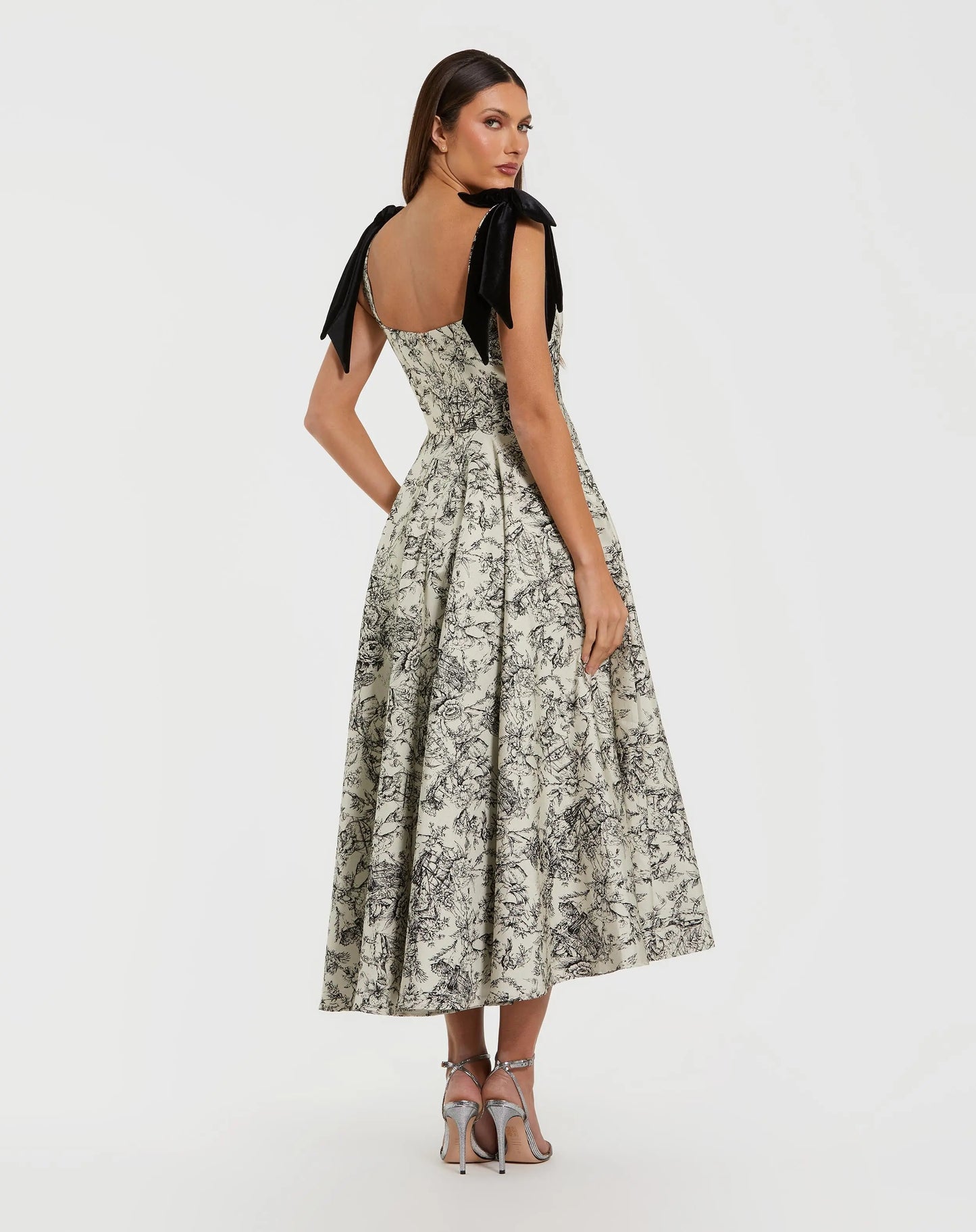 Black Ivory Brocade A Line Midi Dress With Bow Straps Ieena for Mac Duggal