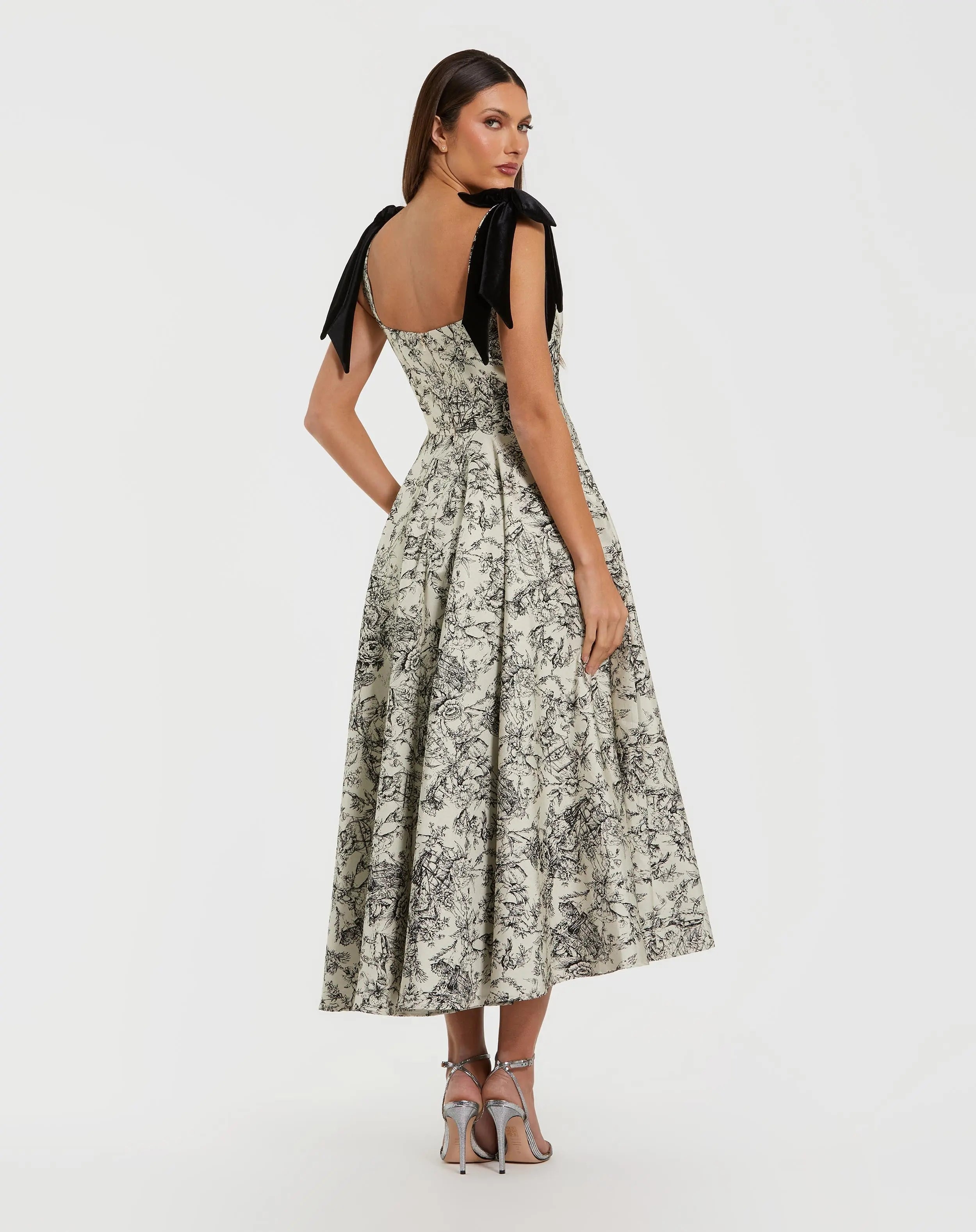 Black Ivory Brocade A Line Midi Dress With Bow Straps Ieena for Mac Duggal