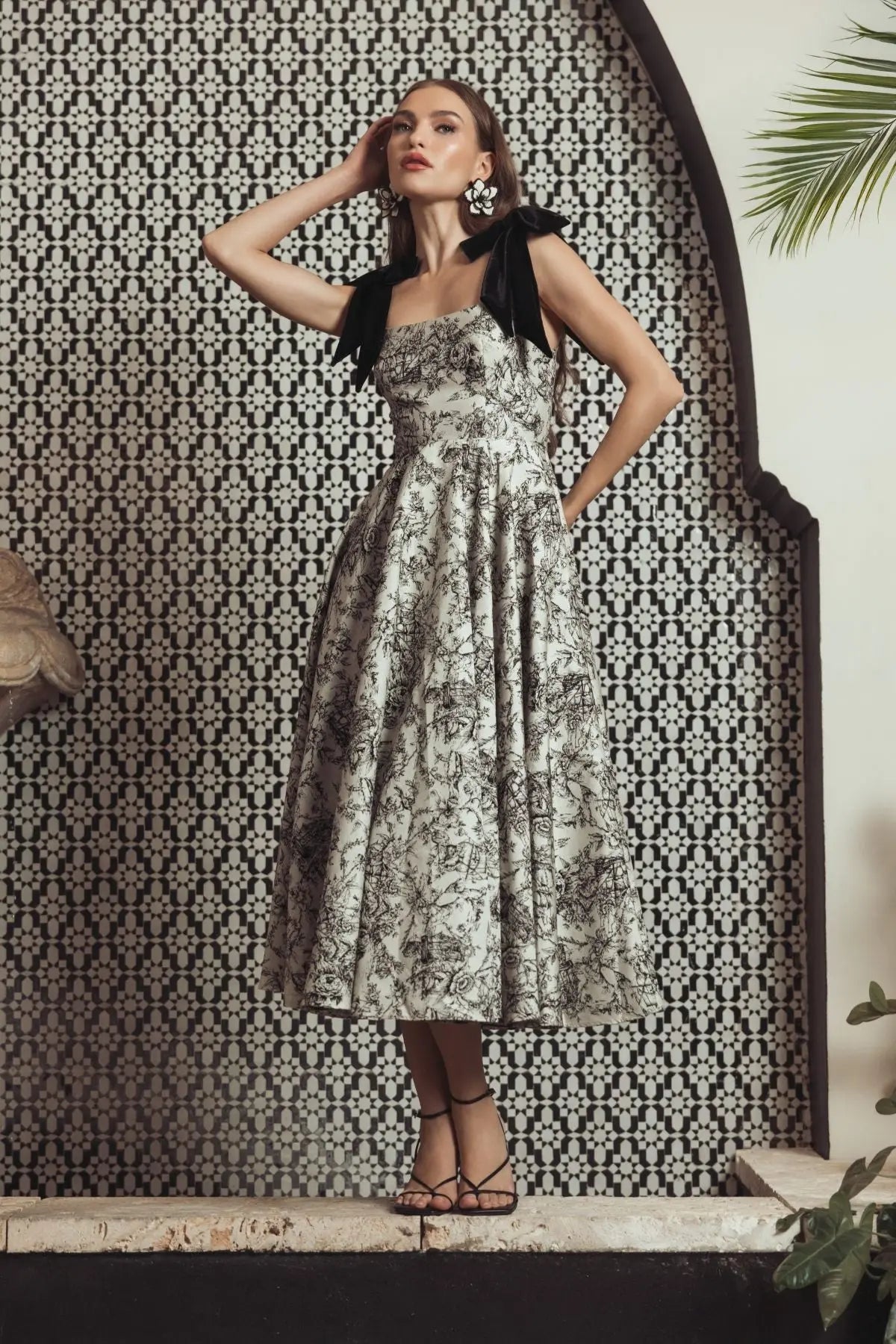 Black Ivory Brocade A Line Midi Dress With Bow Straps Ieena for Mac Duggal
