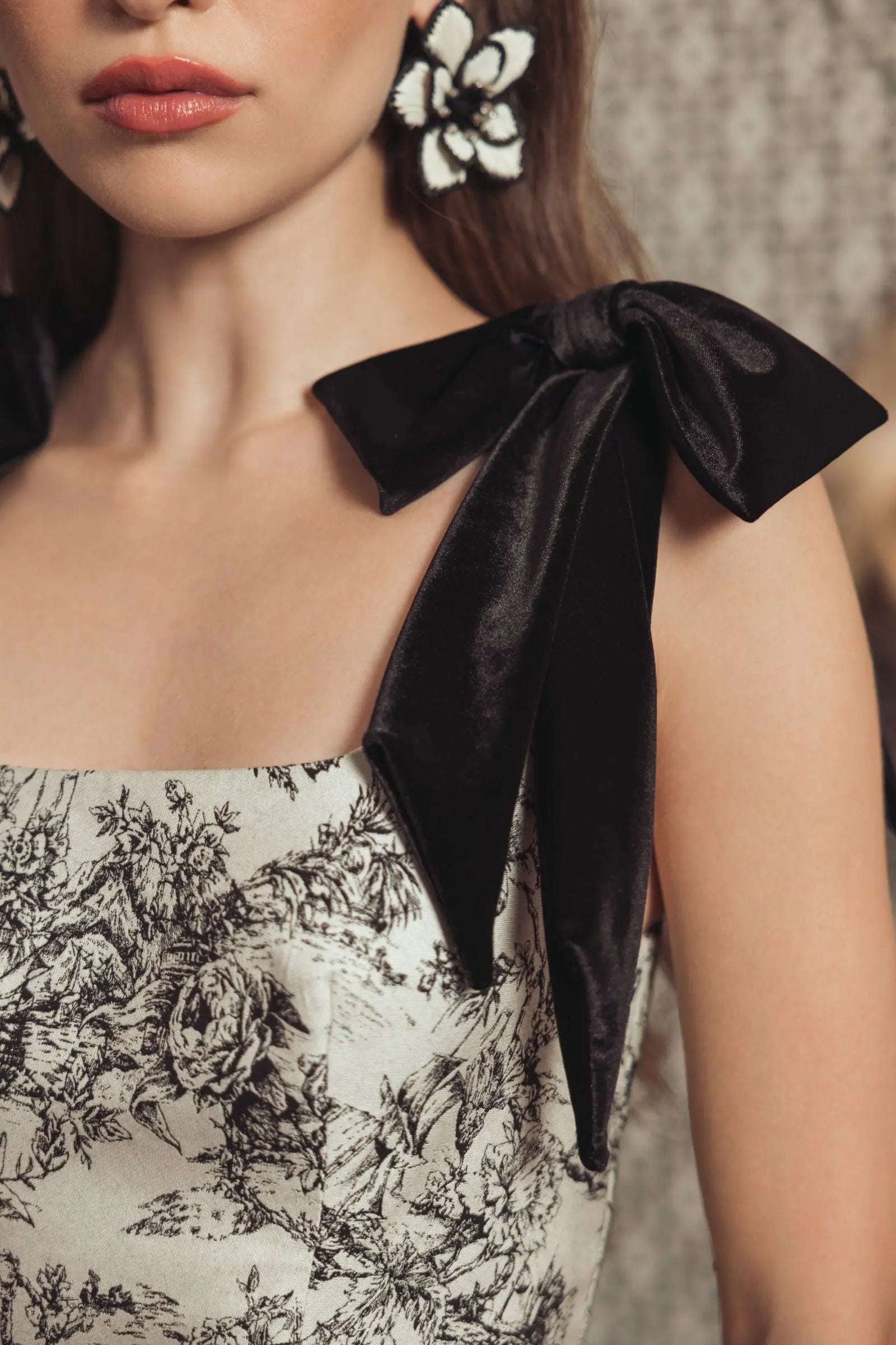 Black Ivory Brocade A Line Midi Dress With Bow Straps Ieena for Mac Duggal