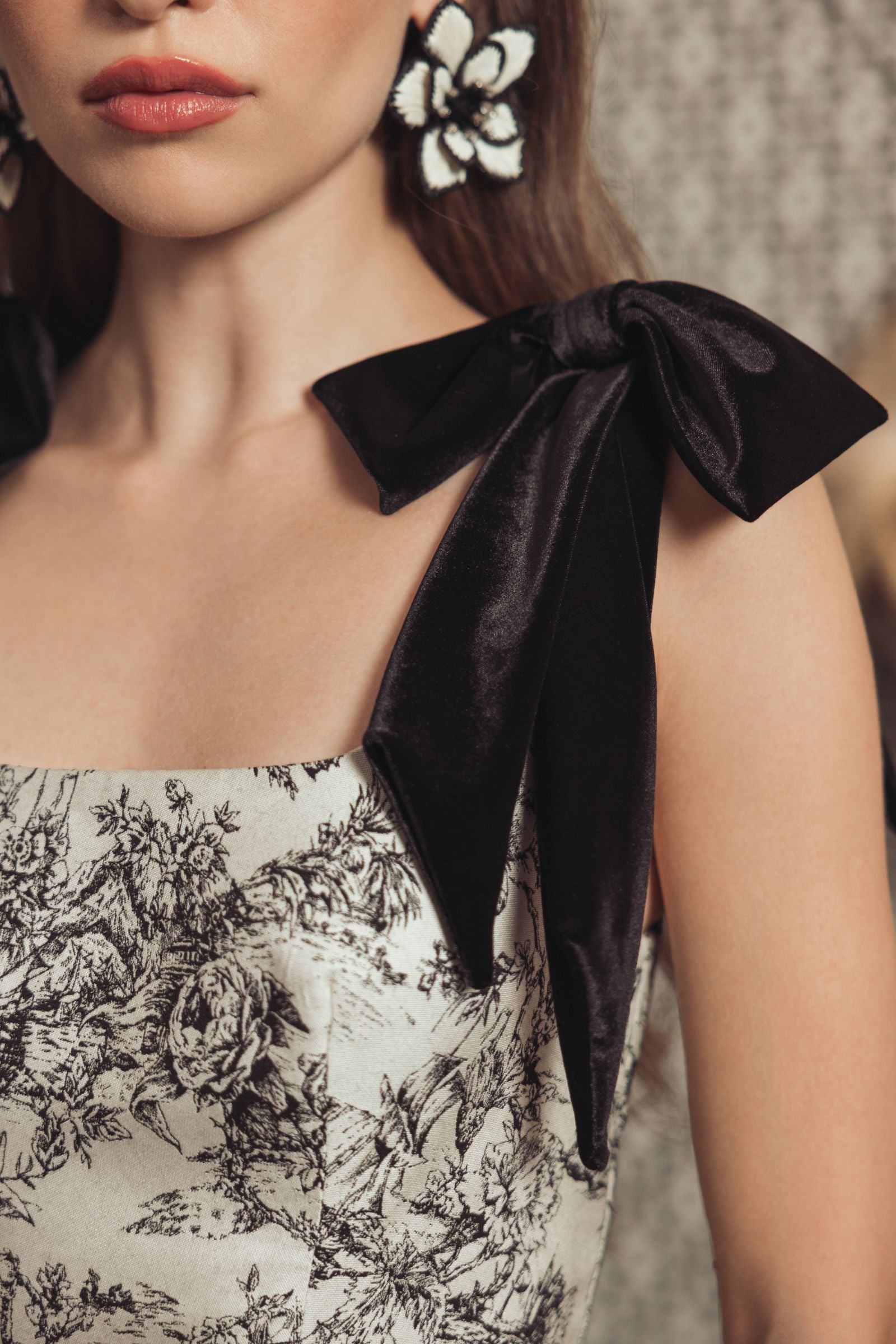 Black Ivory Brocade A Line Midi Dress With Bow Straps Ieena for Mac Duggal