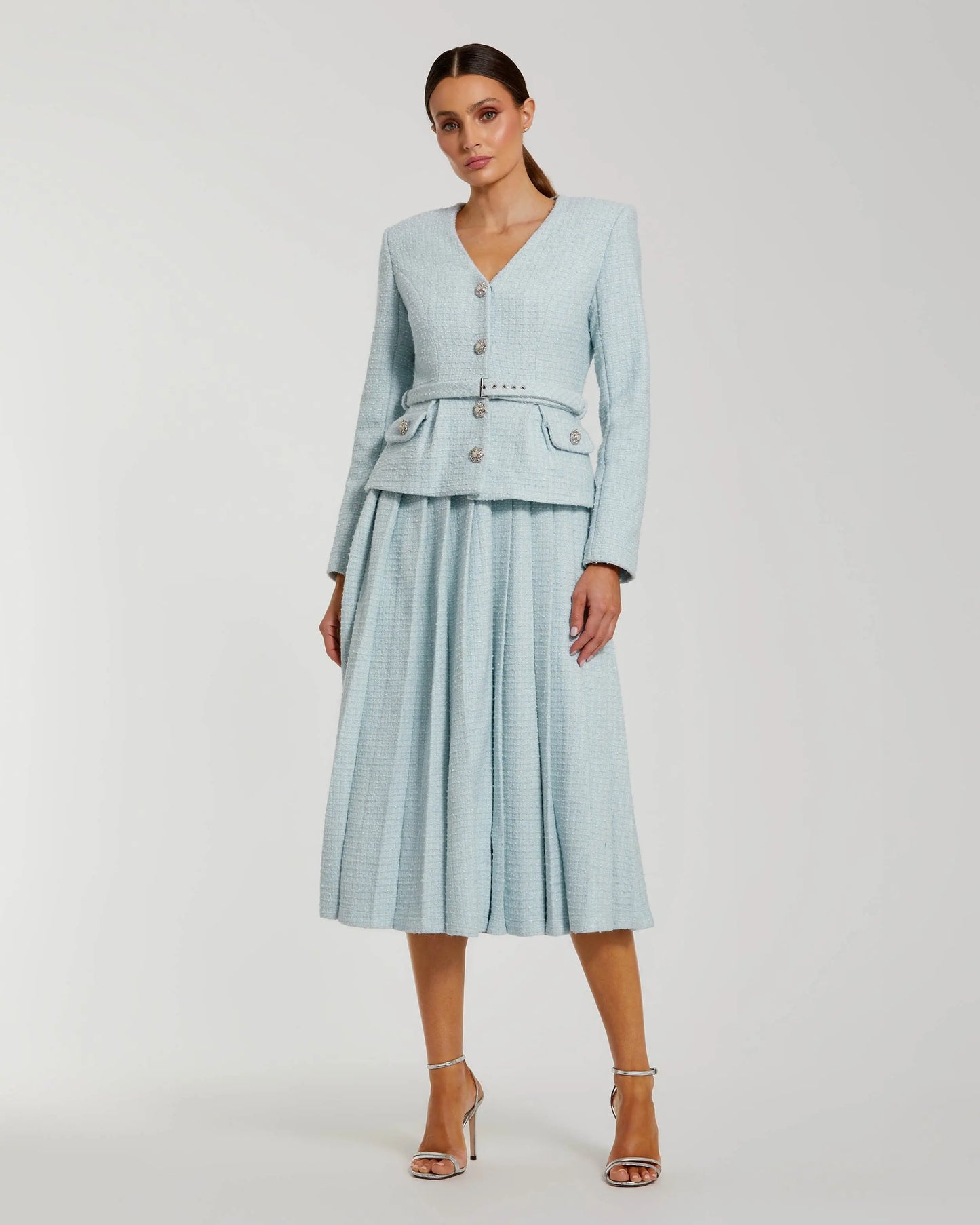 Blue Boucle Long Sleeve V Neck Midi Dress With Buttons Ieena for Mac Duggal