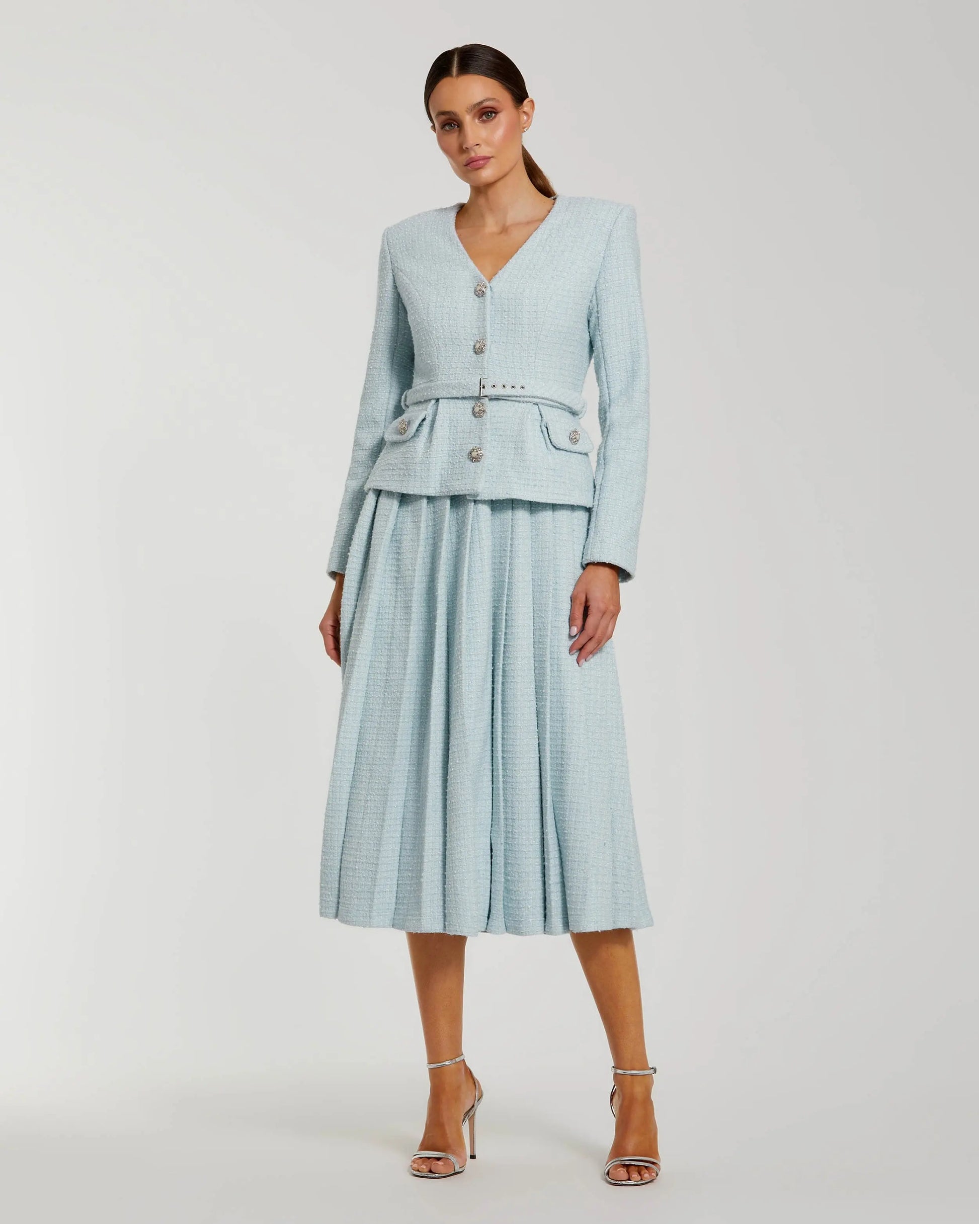 Blue Boucle Long Sleeve V Neck Midi Dress With Buttons Ieena for Mac Duggal
