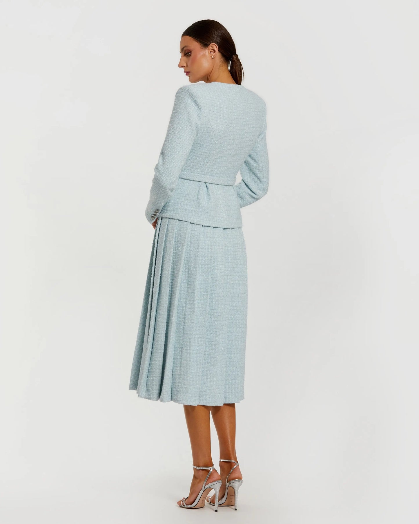Blue Boucle Long Sleeve V Neck Midi Dress With Buttons Ieena for Mac Duggal