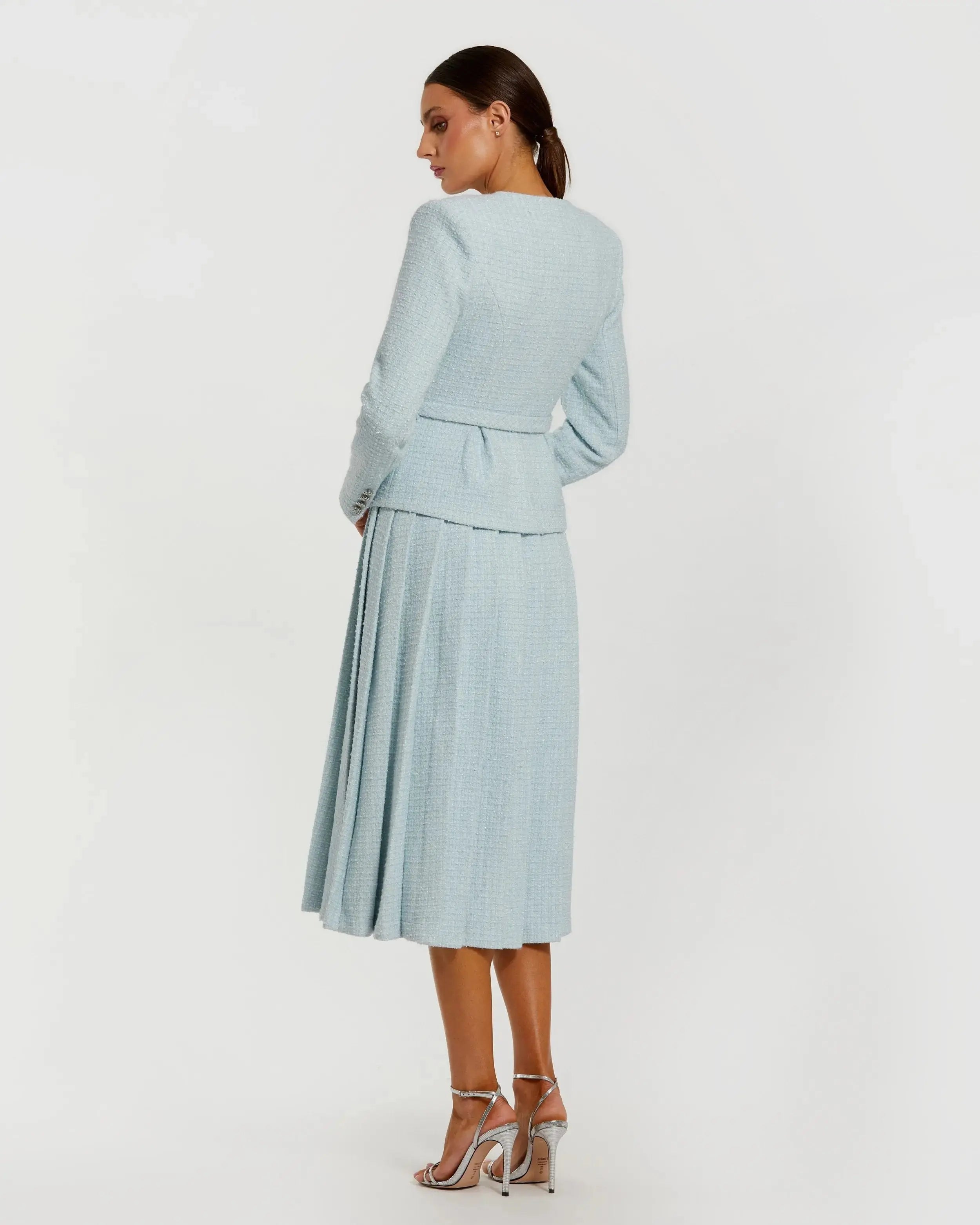 Blue Boucle Long Sleeve V Neck Midi Dress With Buttons Ieena for Mac Duggal