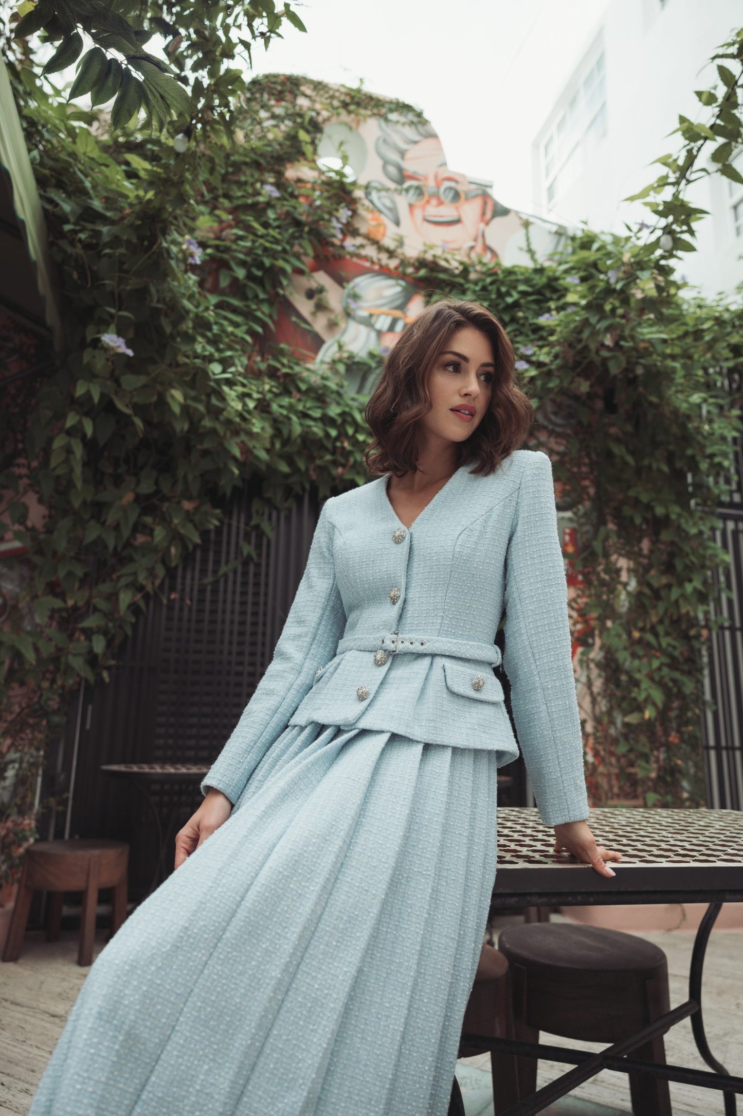 Blue Boucle Long Sleeve V Neck Midi Dress With Buttons Ieena for Mac Duggal