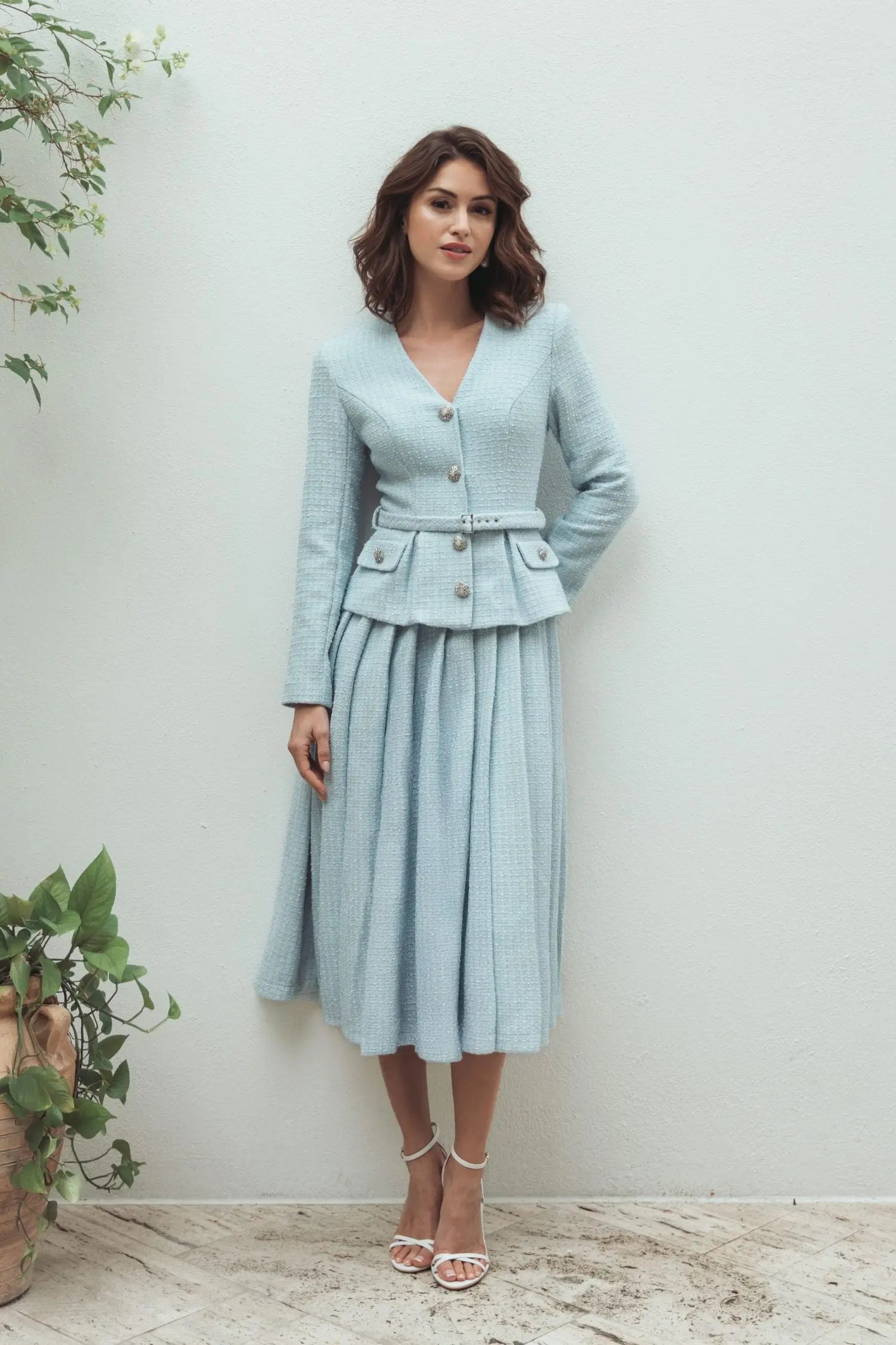 Mac Duggal V Neck Boucle Long Sleeve Button Midi Dress, Womens, 6, Powder Blue