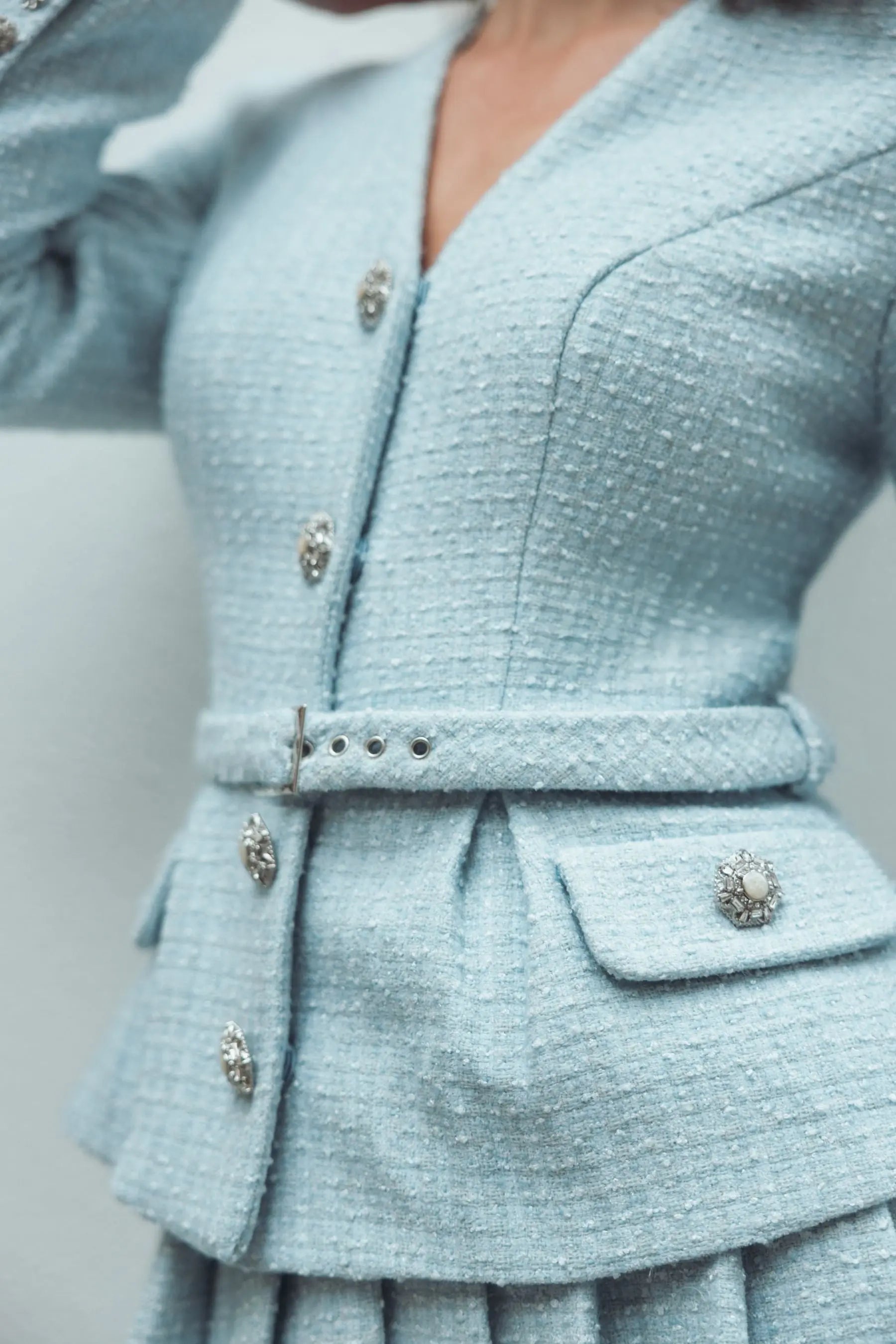 Blue Boucle Long Sleeve V Neck Midi Dress With Buttons Ieena for Mac Duggal