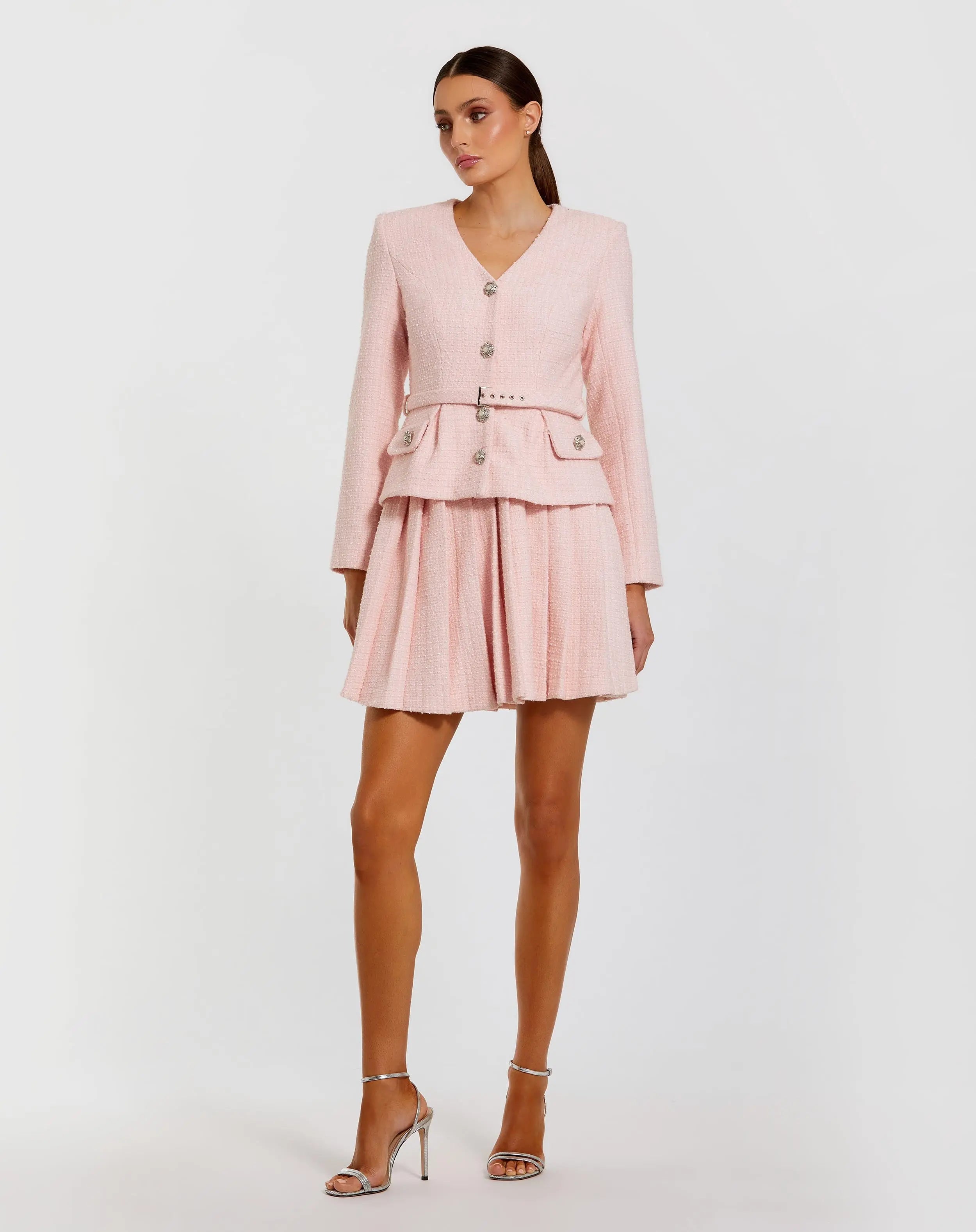 Light Pink Bouclé Long Sleeve V-Neck Mini Dress Ieena for Mac Duggal