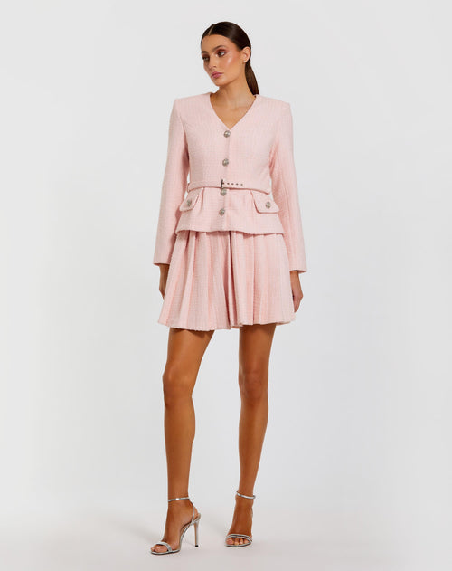 Light Pink Bouclé Long Sleeve V-Neck Mini Dress Ieena for Mac Duggal