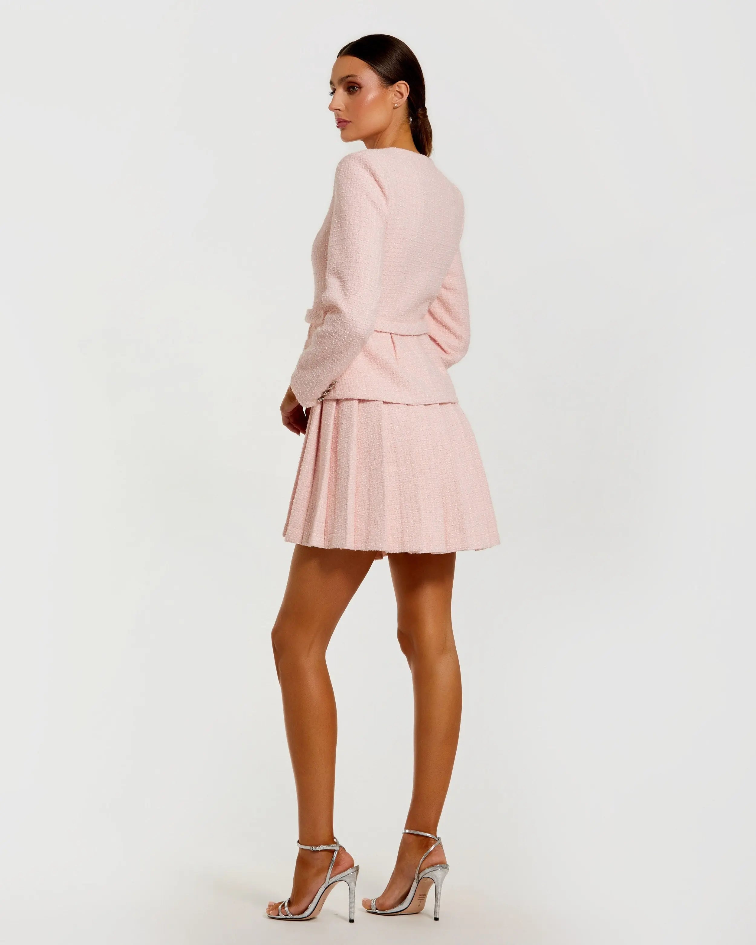 Light Pink Boucle Long Sleeve V-Neck Mini Dress Ieena for Mac Duggal