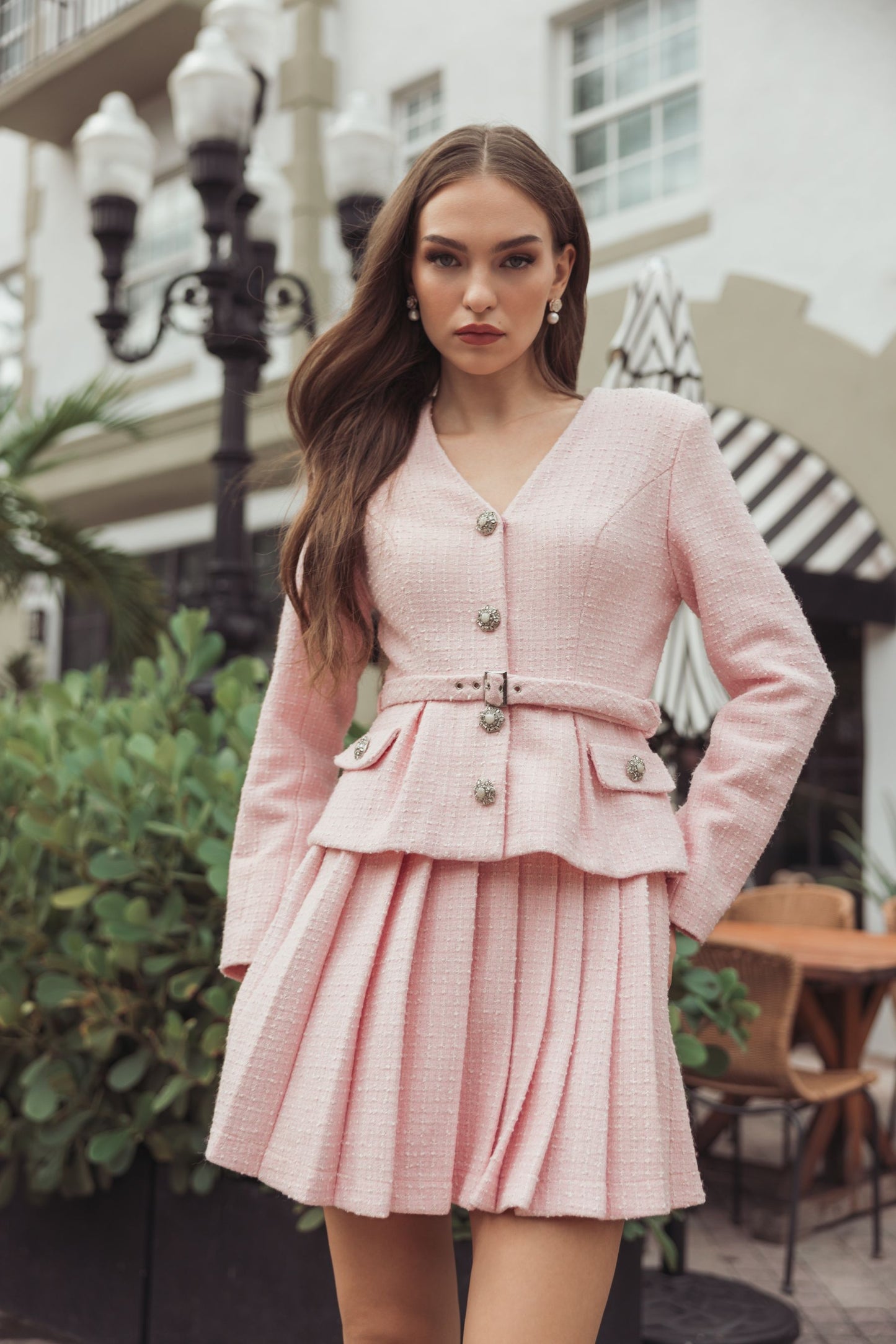 Light Pink Boucle Long Sleeve V-Neck Mini Dress Ieena for Mac Duggal