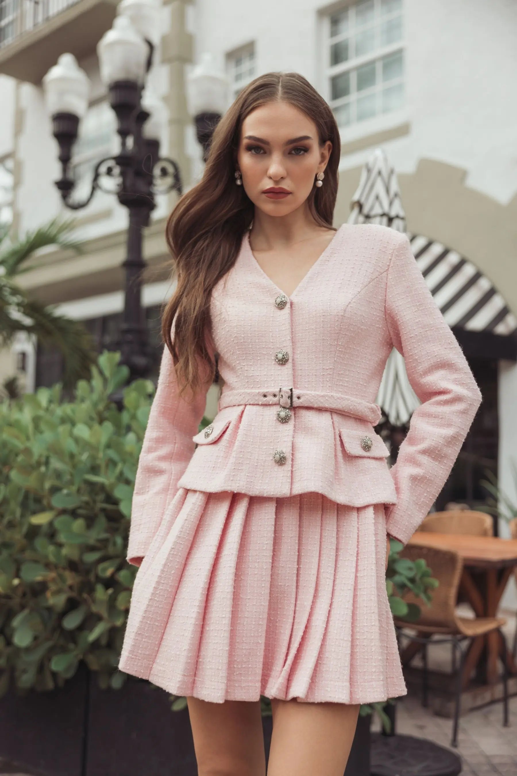 Light Pink Boucle Long Sleeve V-Neck Mini Dress Ieena for Mac Duggal