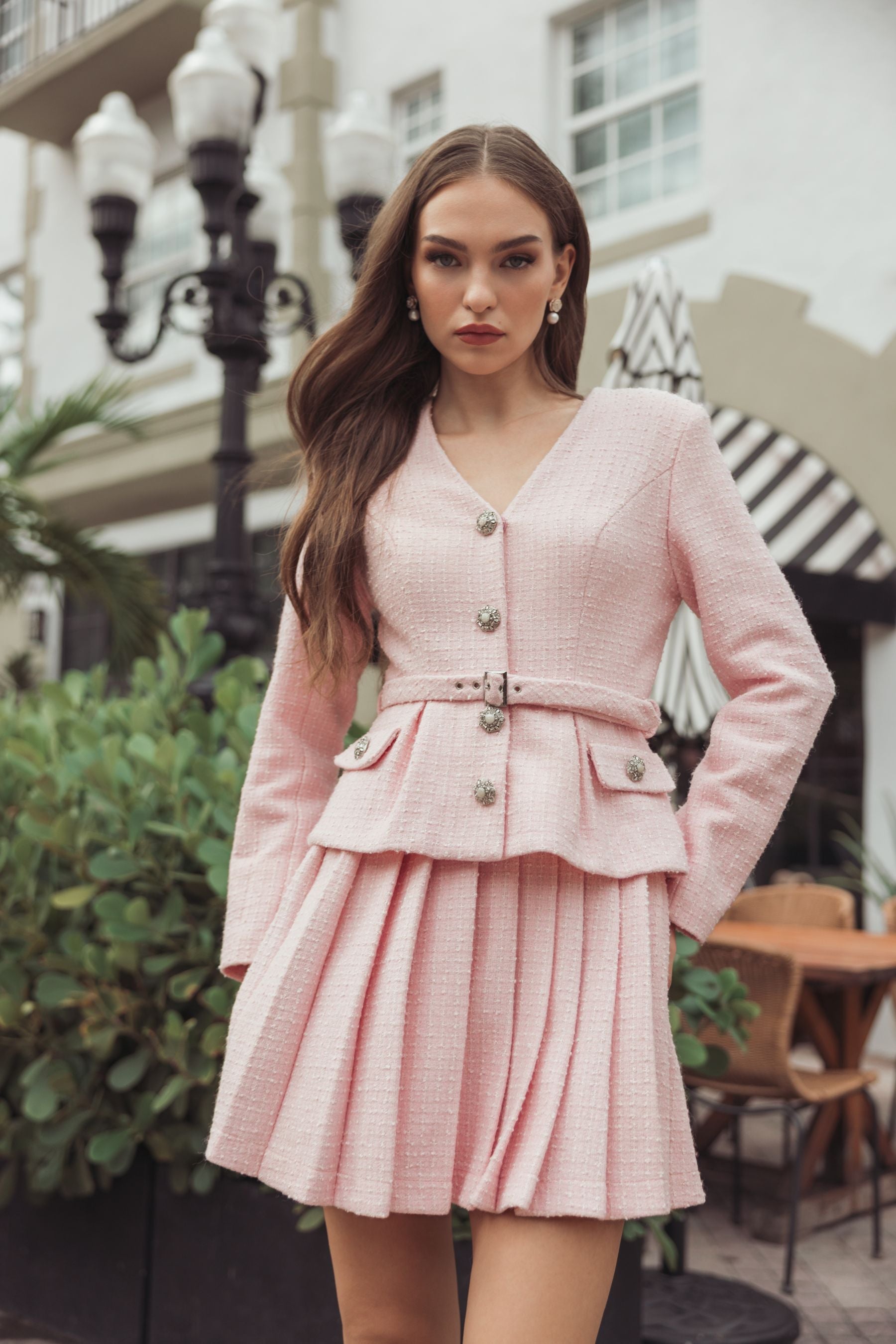 Light Pink Boucle Long Sleeve V-Neck Mini Dress Ieena for Mac Duggal