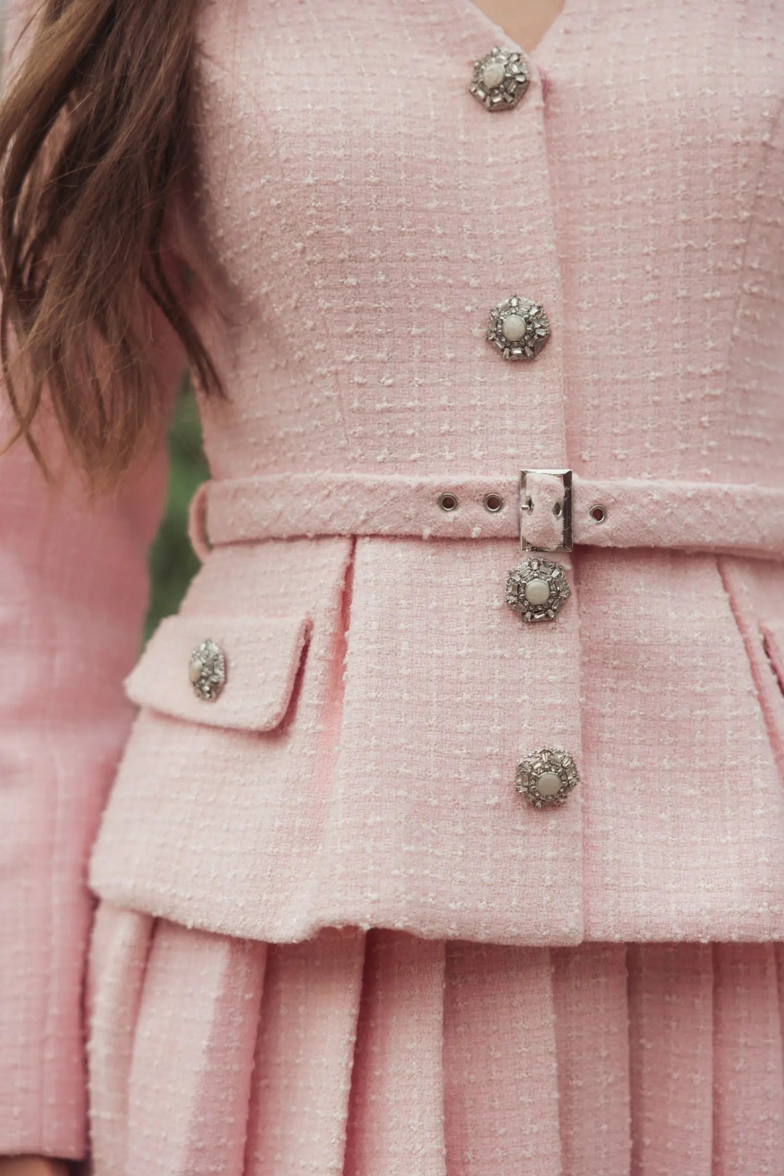 tivoli long sleeve embellished cowl neck mini dress in blush Light Pink Boucle Long Sleeve V-Neck Mini Dress