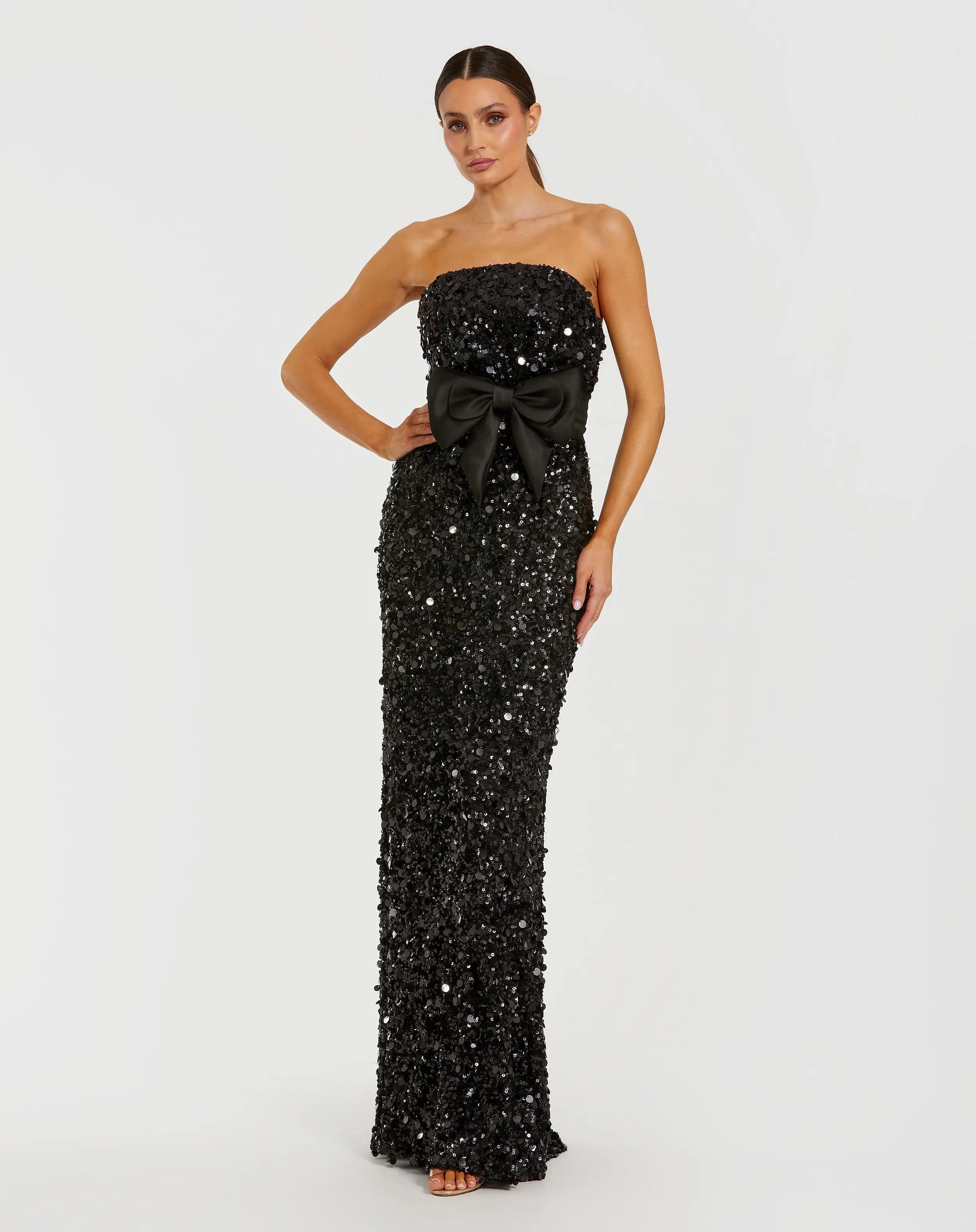 Black Strapless Sequin Column Evening Gown With Bow - Ieena for Mac Duggal