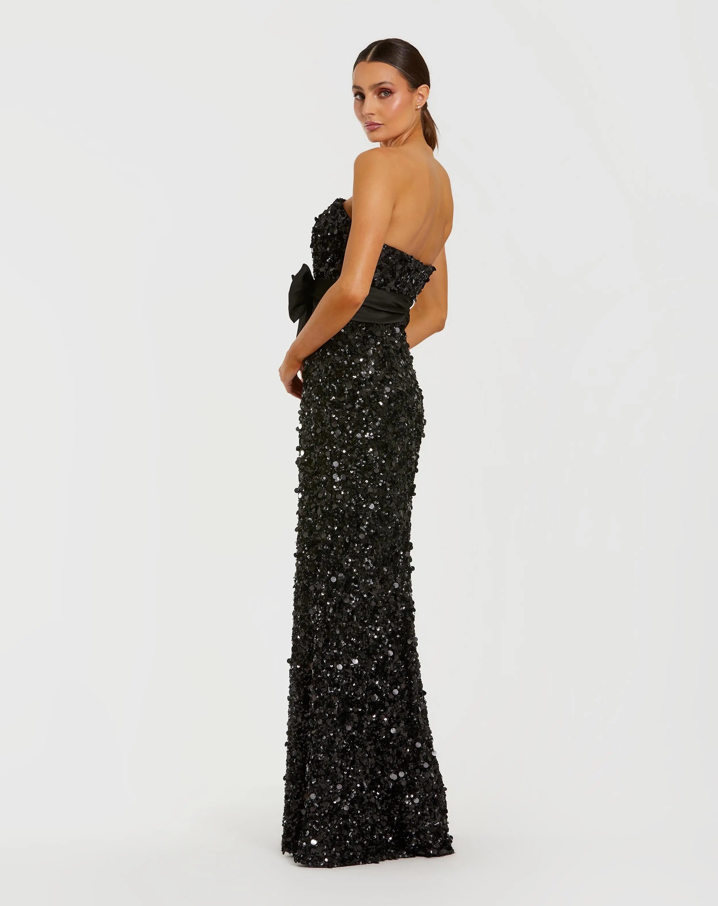 Black Strapless Sequin Column Evening Gown With Bow - Ieena for Mac Duggal