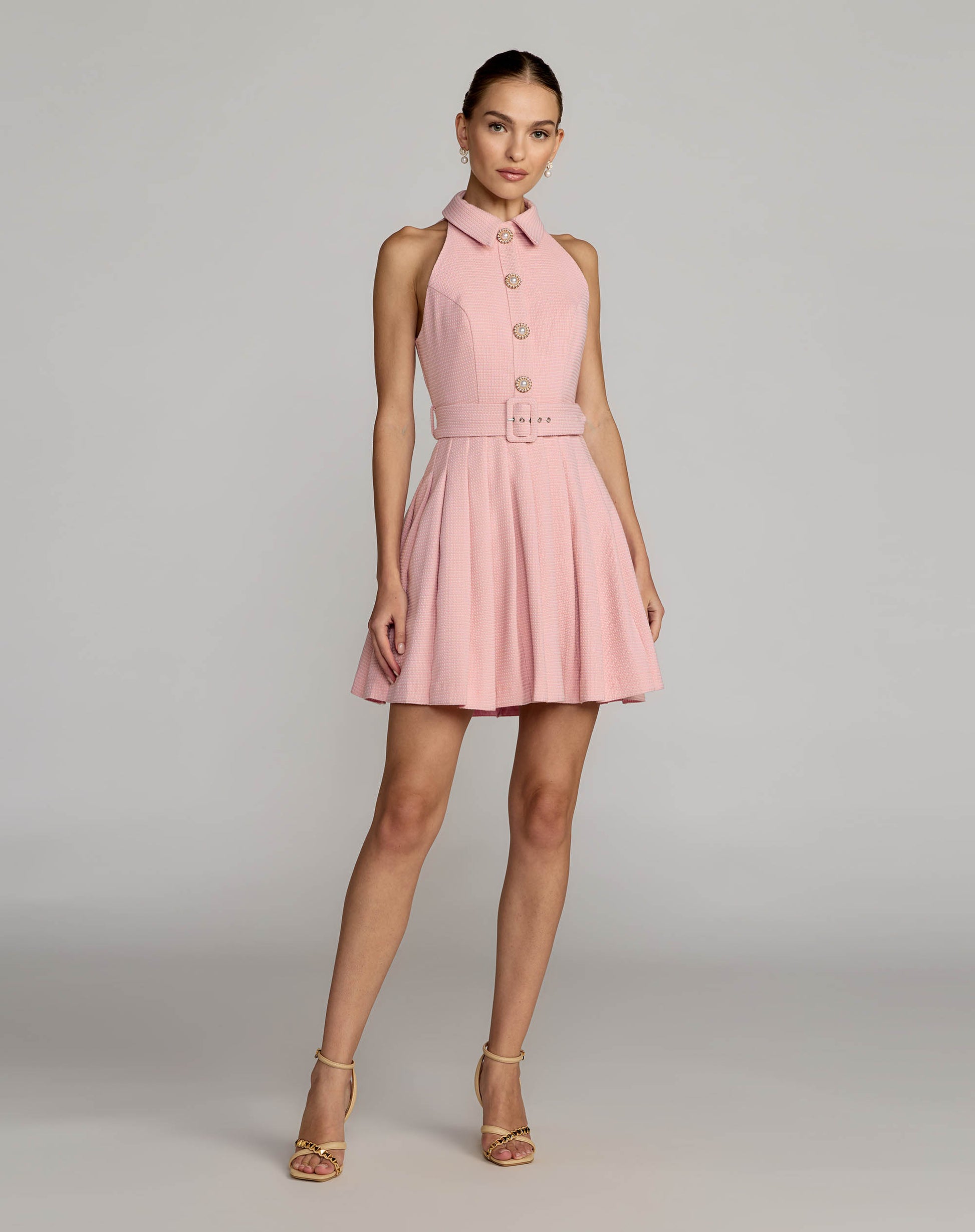 Pink Pleated A Line Mini Dress with Pearl Button Detail - Ieena for Mac Duggal