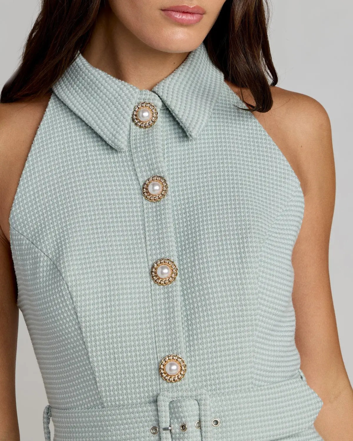 button detail mini dress Mac Duggal Boucle Sleeveless Button Up Pleated Mini Dress, Womens, 8, Sage
