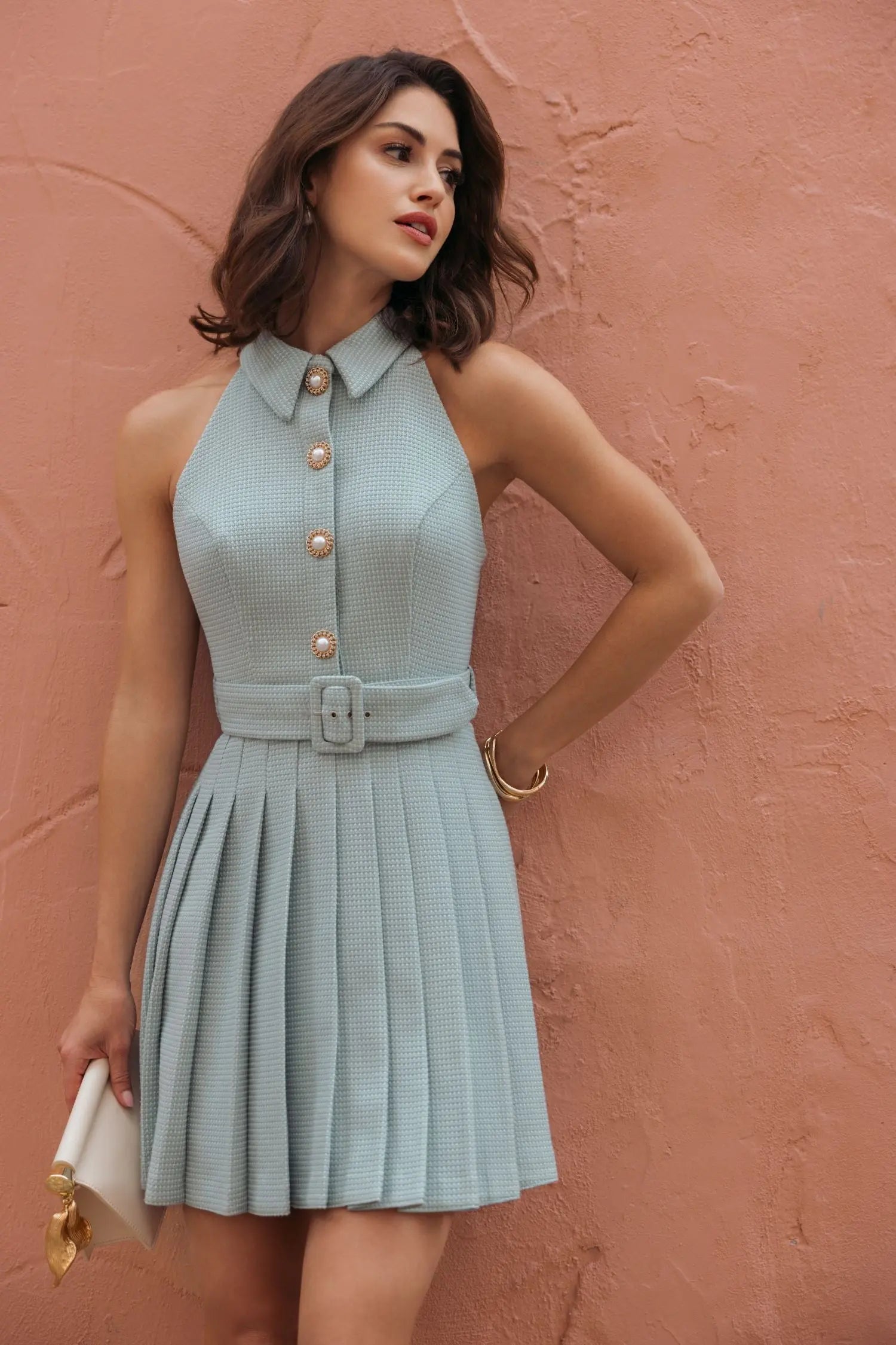 knee length dresses for ladies Blue Pleated A Line Mini Dress with Pearl Button Detail