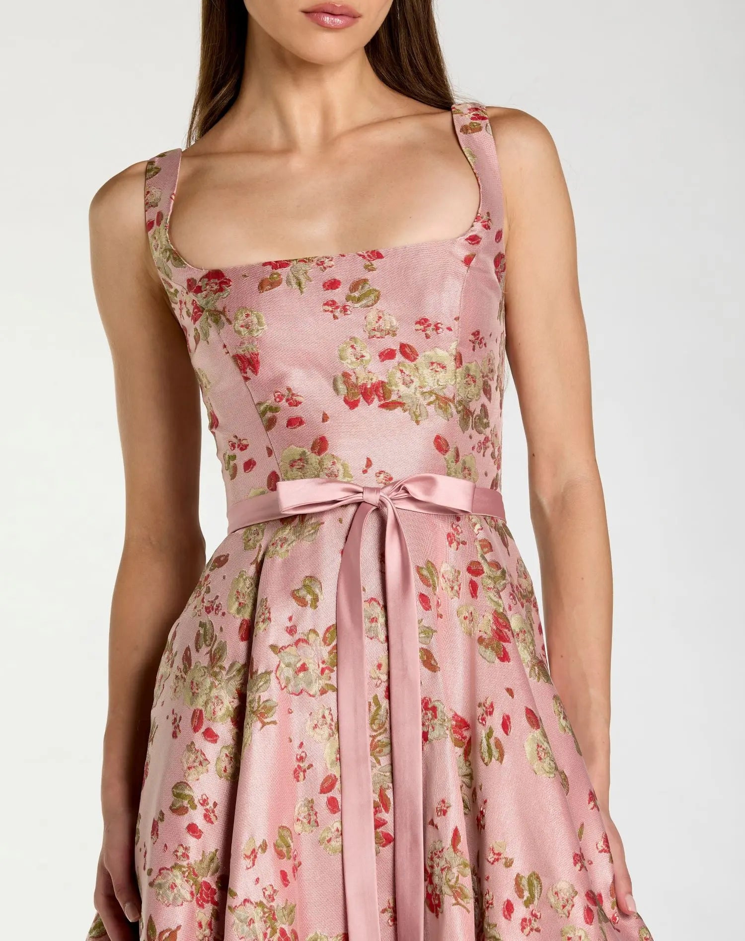 Pink Sleeveless Brocade A Line Midi Dress | Mac Duggal Pink Sleeveless Brocade A Line Midi Dress | Mac Duggal
