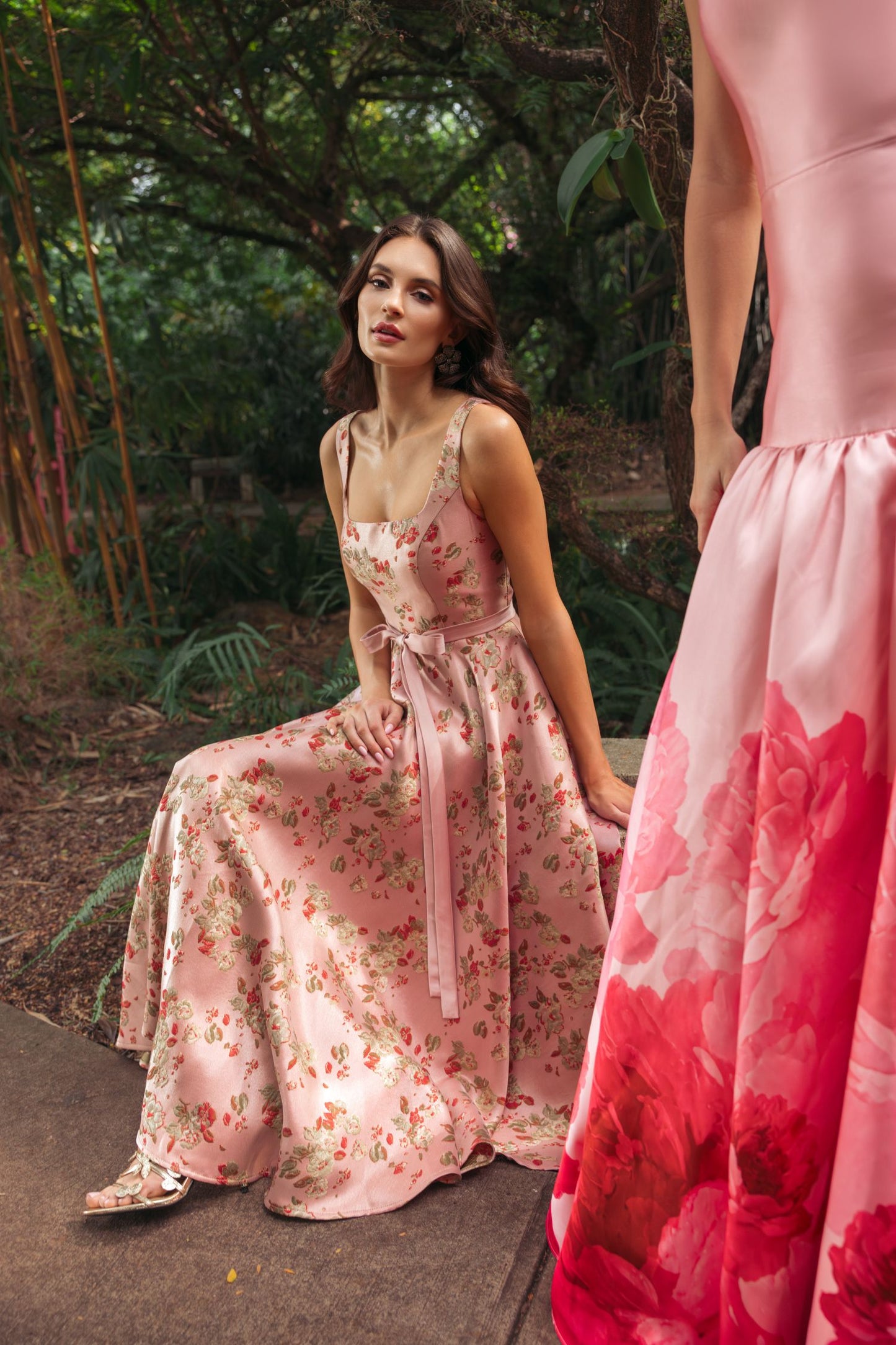 Pink Sleeveless Brocade A Line Midi Dress - Ieena for Mac Duggal