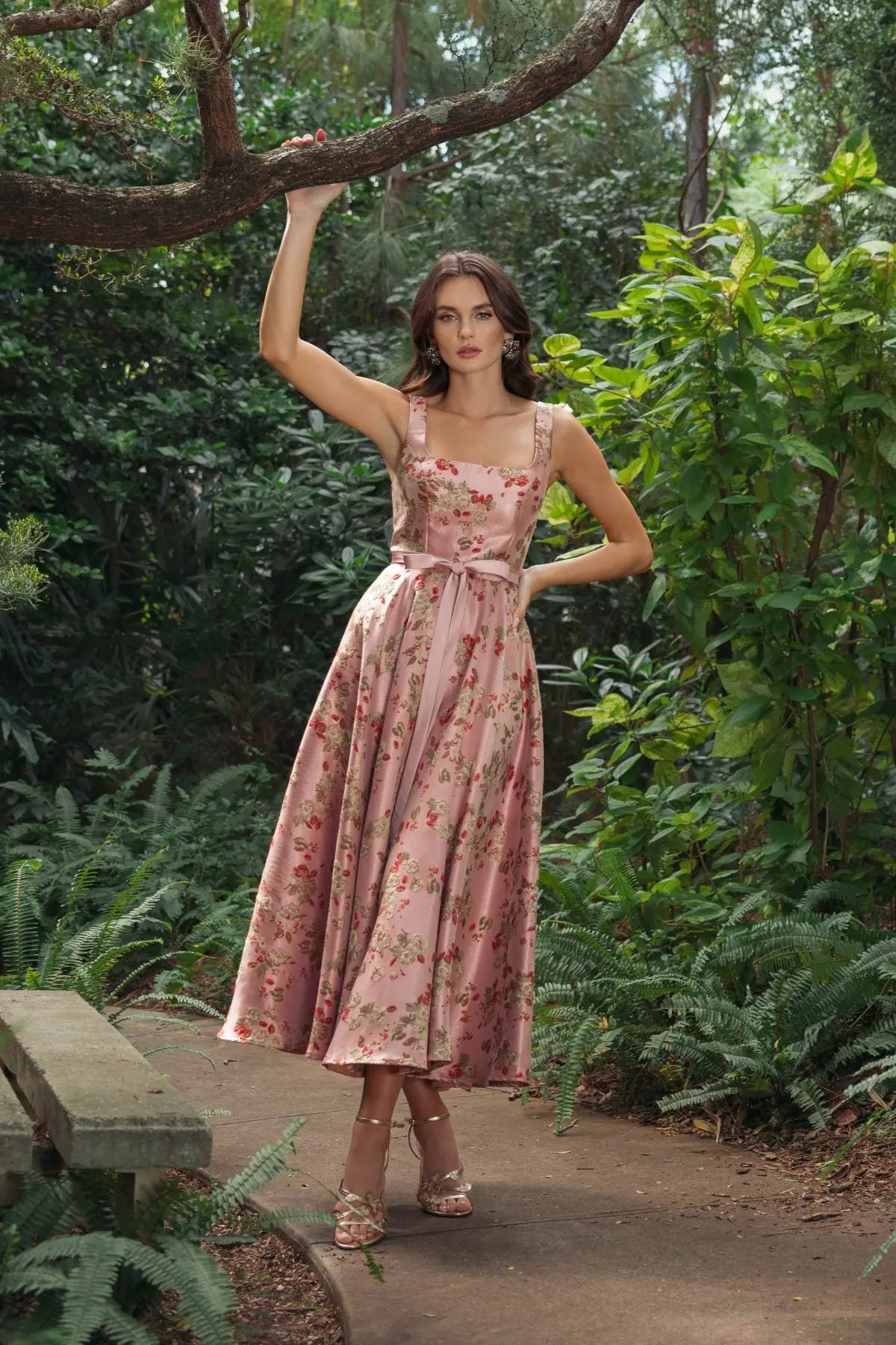 Pink Sleeveless Brocade A Line Midi Dress - Ieena for Mac Duggal