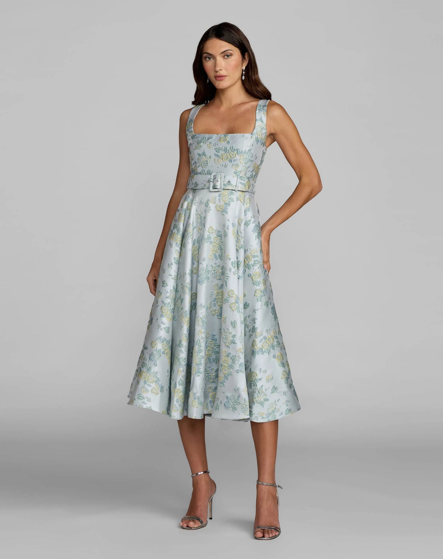 Blue Sleeveless Belted A-Line Midi Dress - Ieena for Mac Duggal
