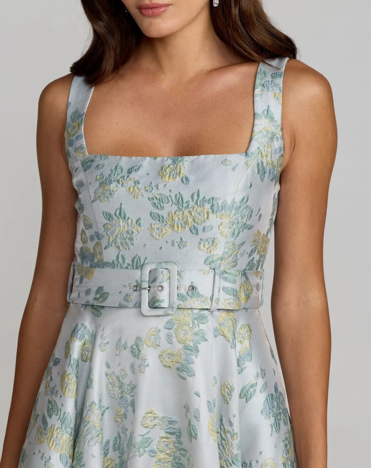 Blue Sleeveless Belted A-Line Midi Dress | Mac Duggal Blue Sleeveless Belted A-Line Midi Dress | Mac Duggal