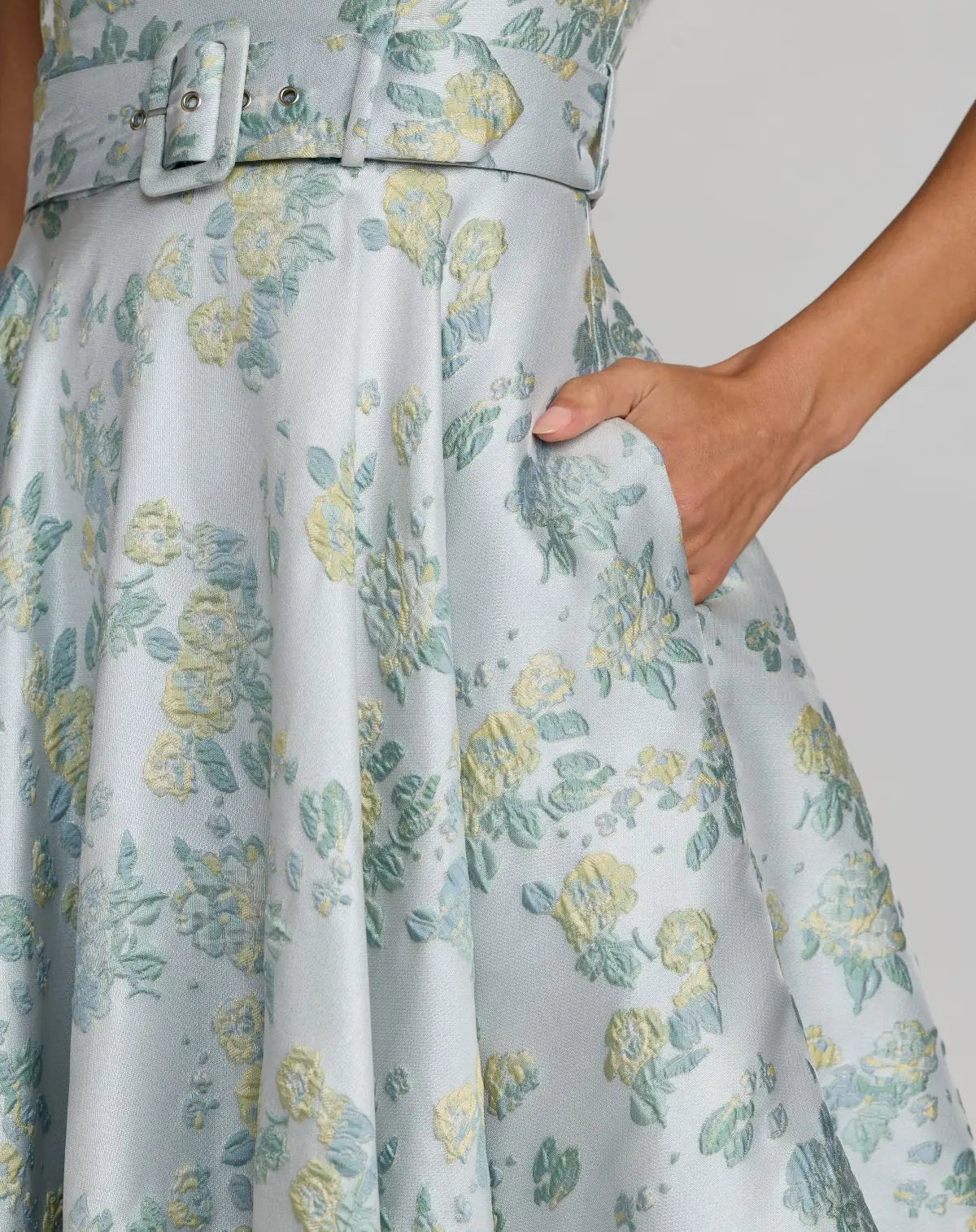 Blue Sleeveless Belted A-Line Midi Dress - Ieena for Mac Duggal