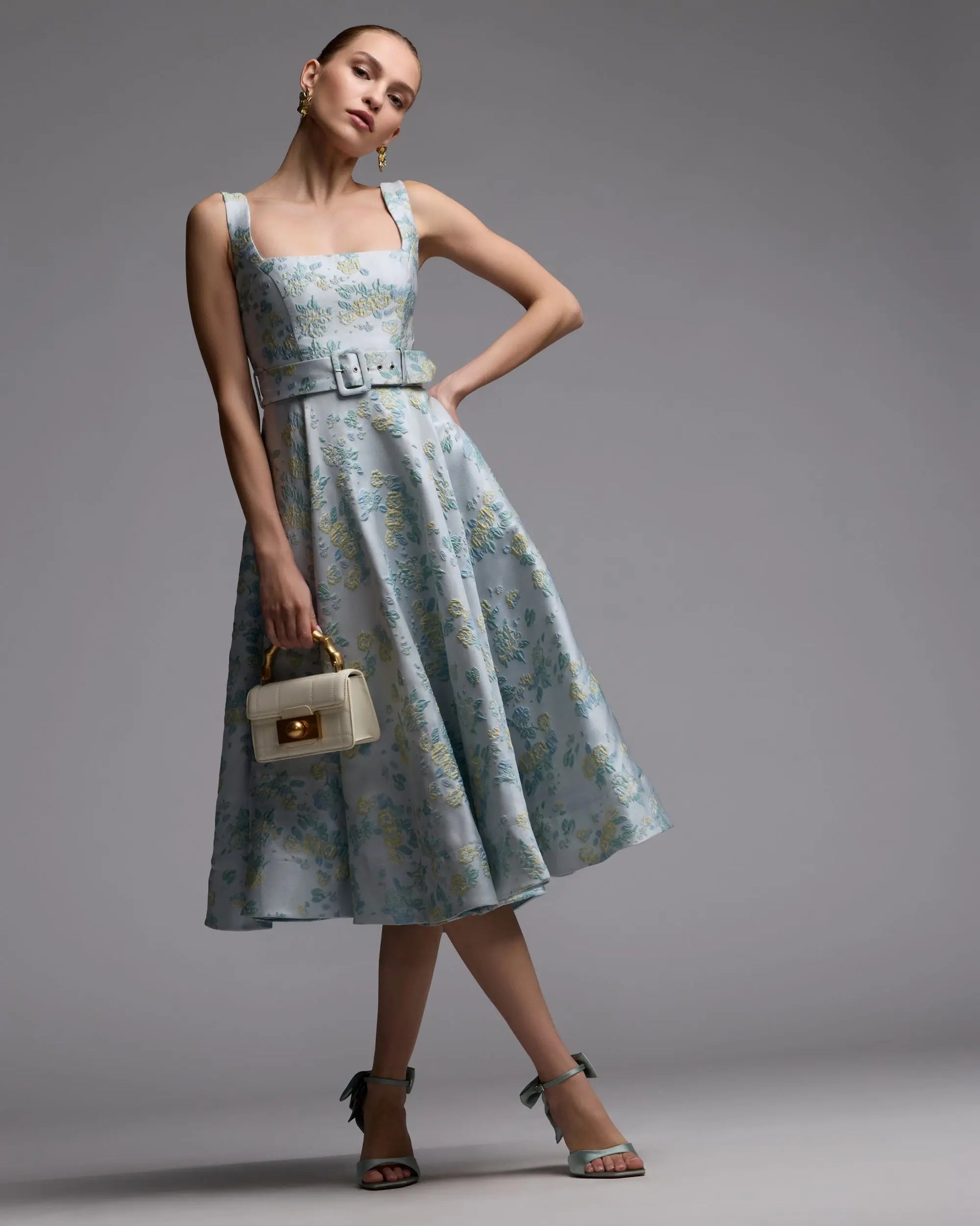 Blue Sleeveless Belted A-Line Midi Dress - Ieena for Mac Duggal