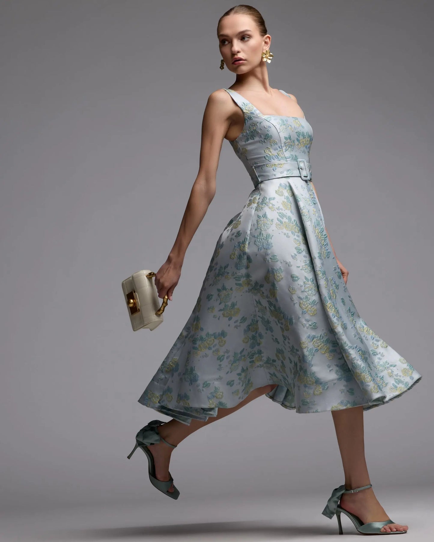 Blue Sleeveless Belted A-Line Midi Dress - Ieena for Mac Duggal