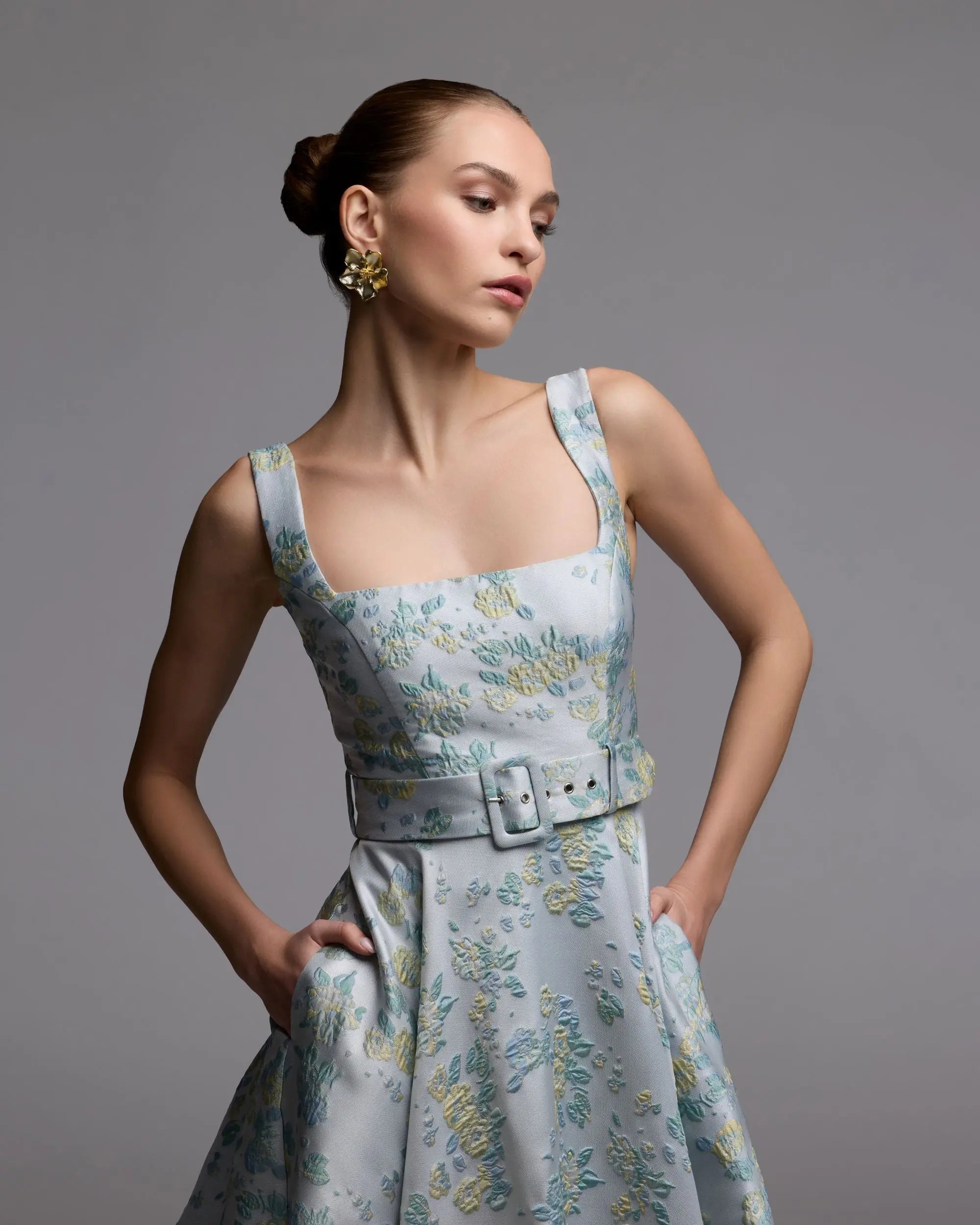 Blue Sleeveless Belted A-Line Midi Dress - Ieena for Mac Duggal