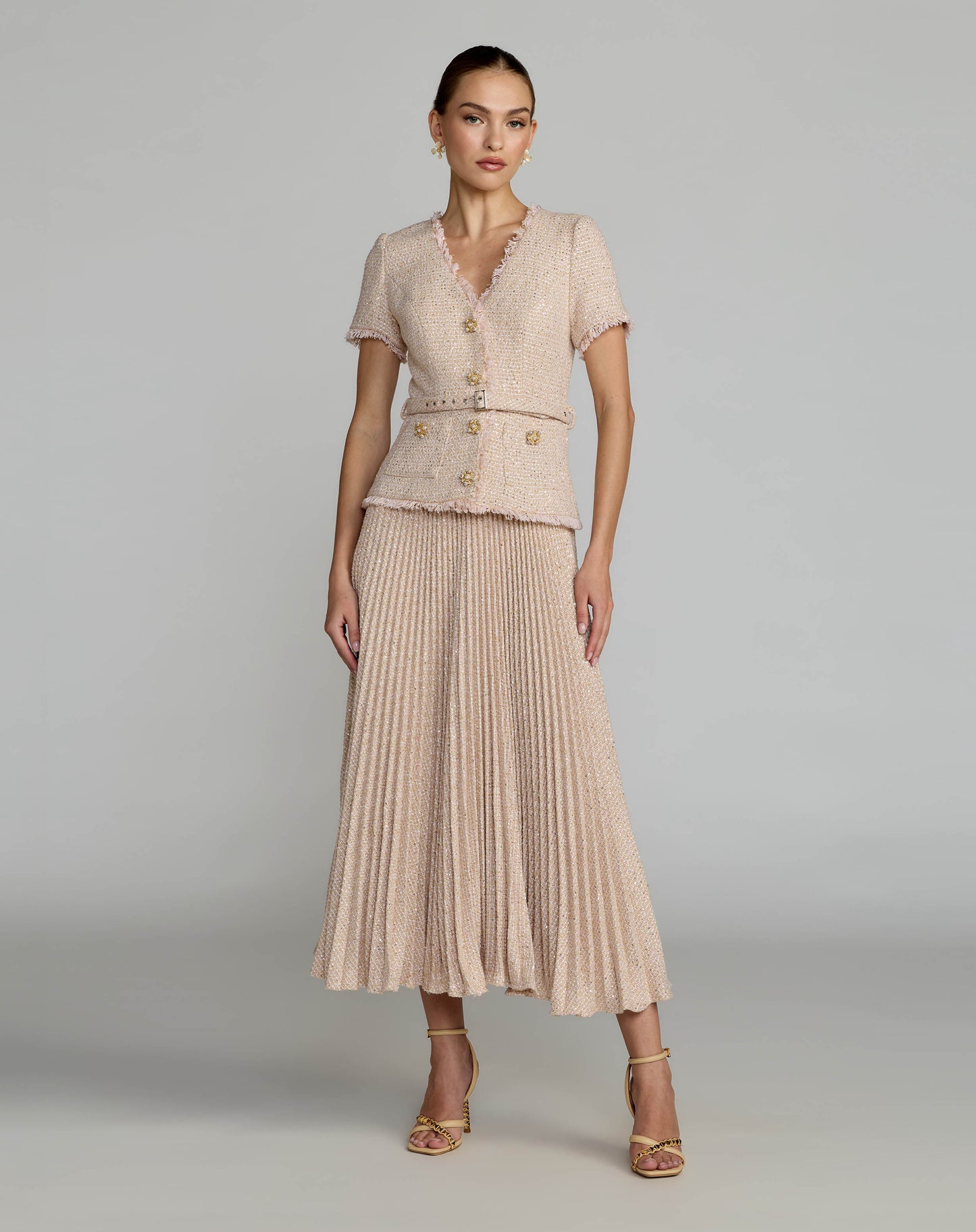 Light Pink Bouclé Button Front Pleated Dress Ieena for Mac Duggal