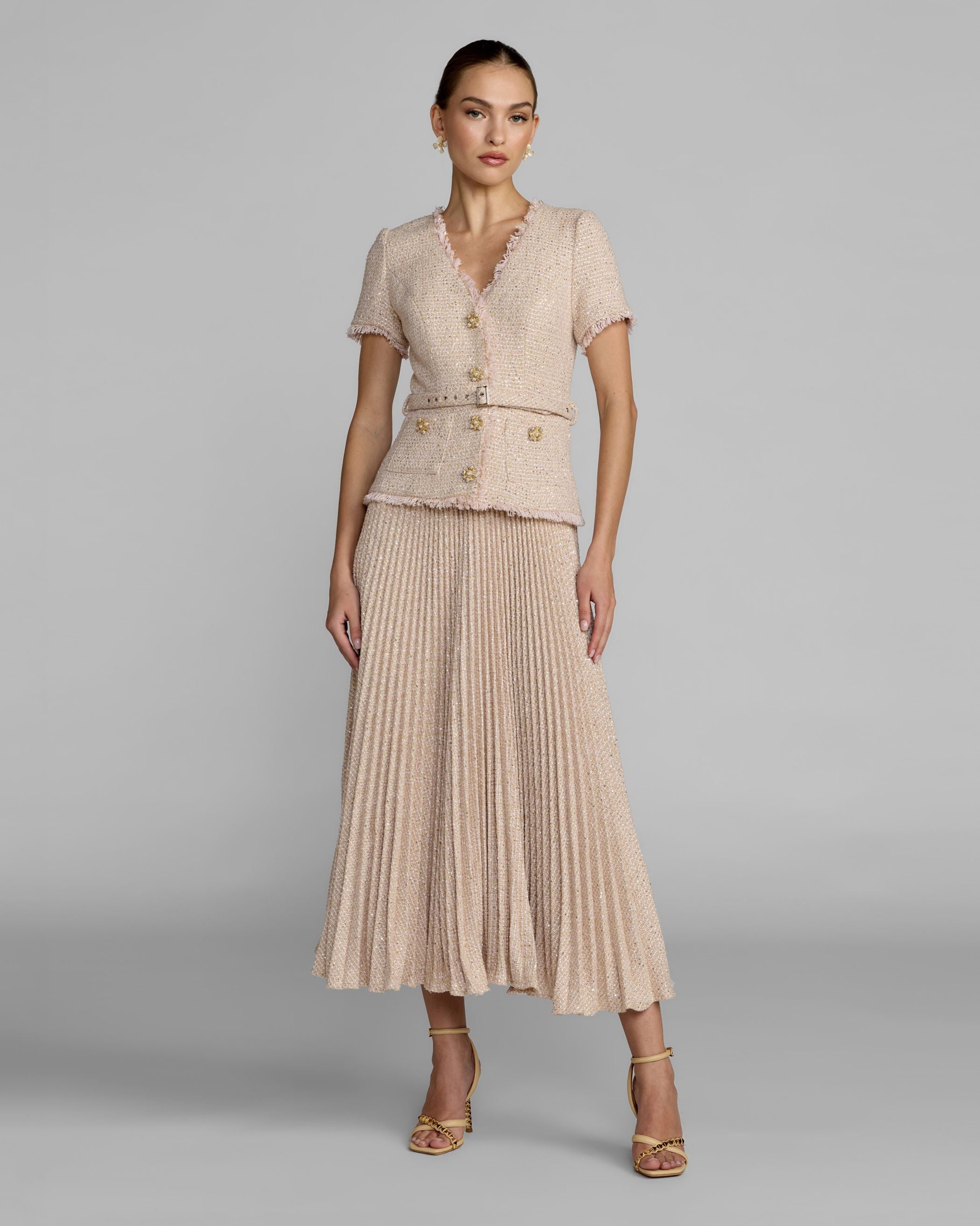 Light Pink Bouclé Button Front Pleated Dress Ieena for Mac Duggal